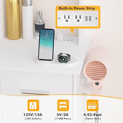 Miniatura 2 de INTERGREAT Tocador de maquillaje con luces y espejo, escritorio de tocador blanco, tocador con cajones grandes, 3 modos de iluminación, espejo de