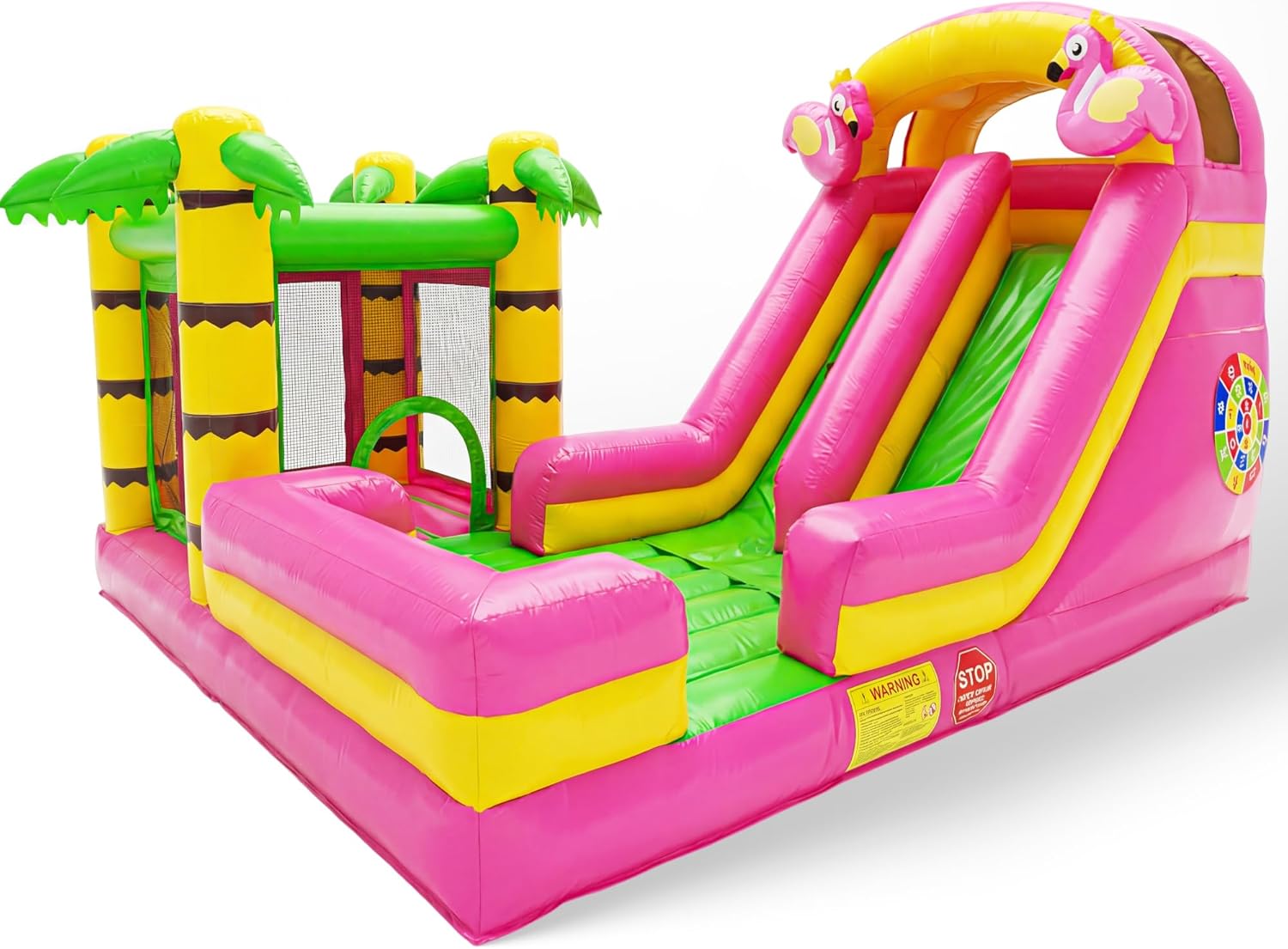 Giant 16FT Flamingo Inflatable Bounce House with Slide for Teens & Adults, Commercial-Grade PVC Mesh Fabric Bouncy Castle with Climbing Wall, Basketball Hoop, Target Game, 950W Blower, Carry Bag