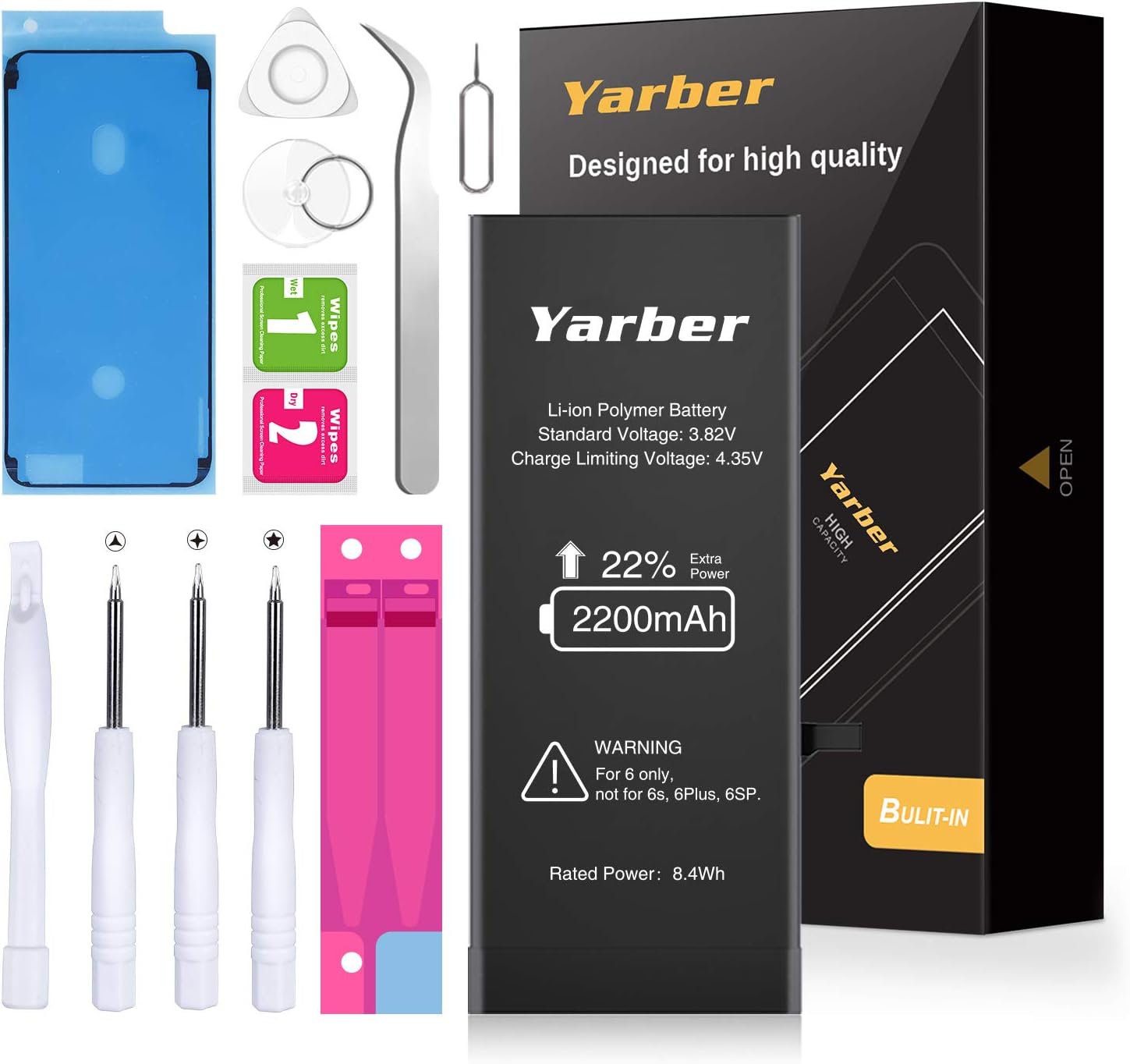 Yarber Battery for iPhone 6, 2200mAh iPhone 6 Battery Replacement High Capacity New 0 Cycle, with Complete Replacement Tool Kits