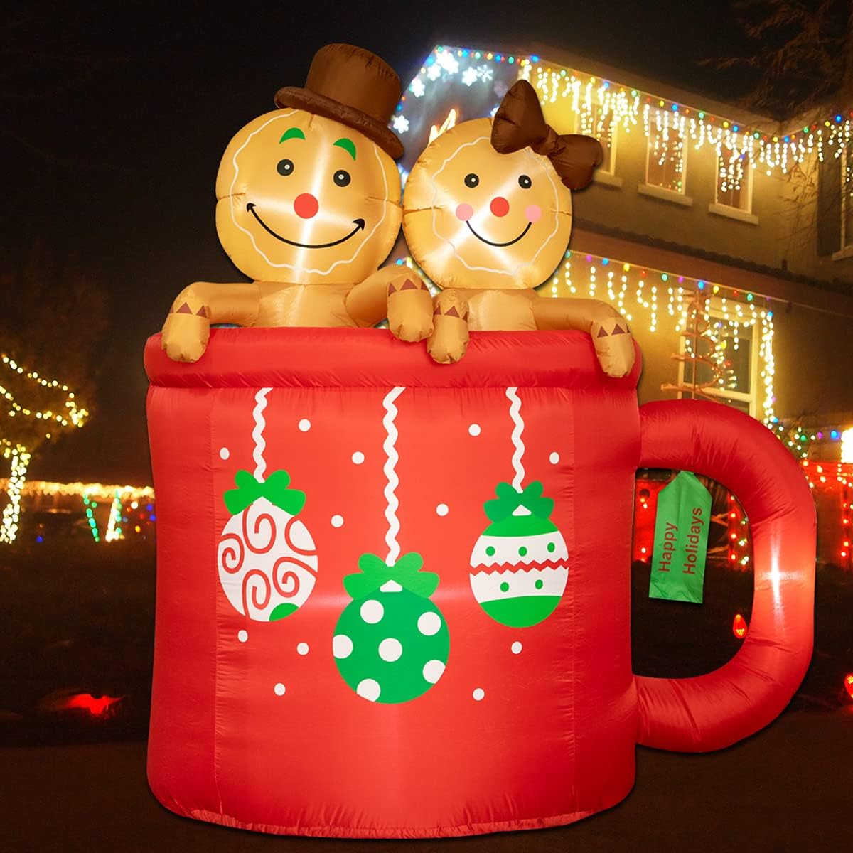 Poptrend Inflatable Christmas Decorations 6 Foot Inflatable Cup Gingerbread Man – Christmas & X’mas Blow Up Decor for Yard,Lawn,with LED Christmas Lights –Wacky, Funny, Colorful (6FT Gingerbread Man)