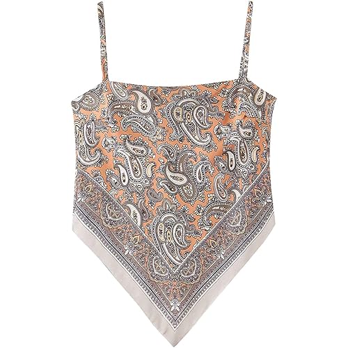 Arjungo Women's Paisley Print Tie Back French Knot Hanky Hem Spaghetti Straps Handkerchief Cami Bandana Tube Crop Top