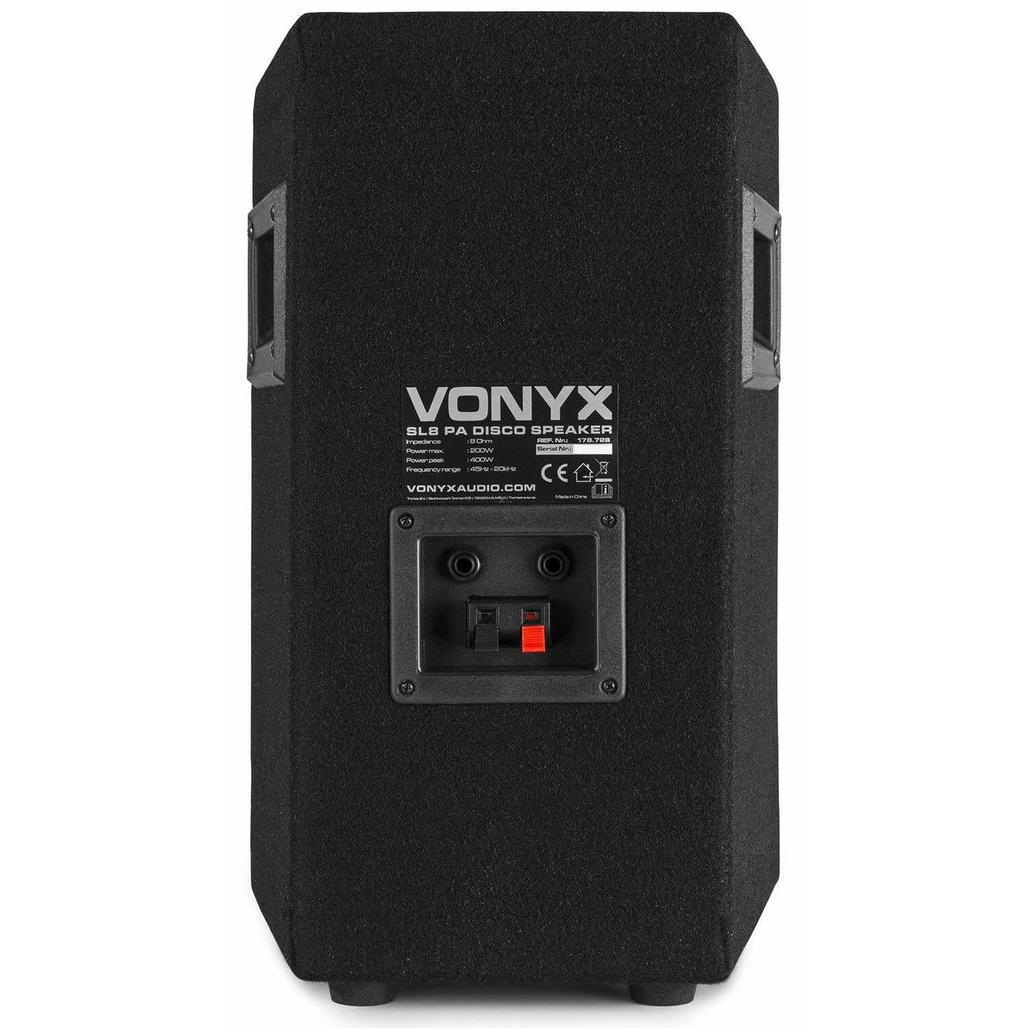 Vonyx SL8 PA Lautsprecher Passiv Set, 2X 400 Watt Partyboxen Set, 8 Zoll Passiv, Disco, DJ Party Lautsprecher mit Griffe, Lautsprecherboxen mit Tophat - Schwarz