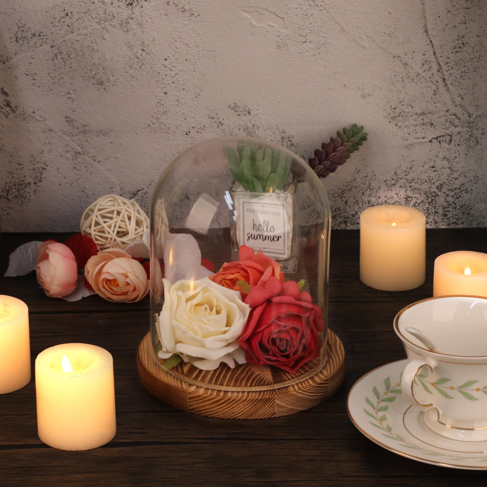 Cupola di vetro con base in legno naturale robusta campana decorativa in vetro per piastre da tavolo, lampade, candele, rose, decorazioni, antichità per Natale, compleanni, San Valentino