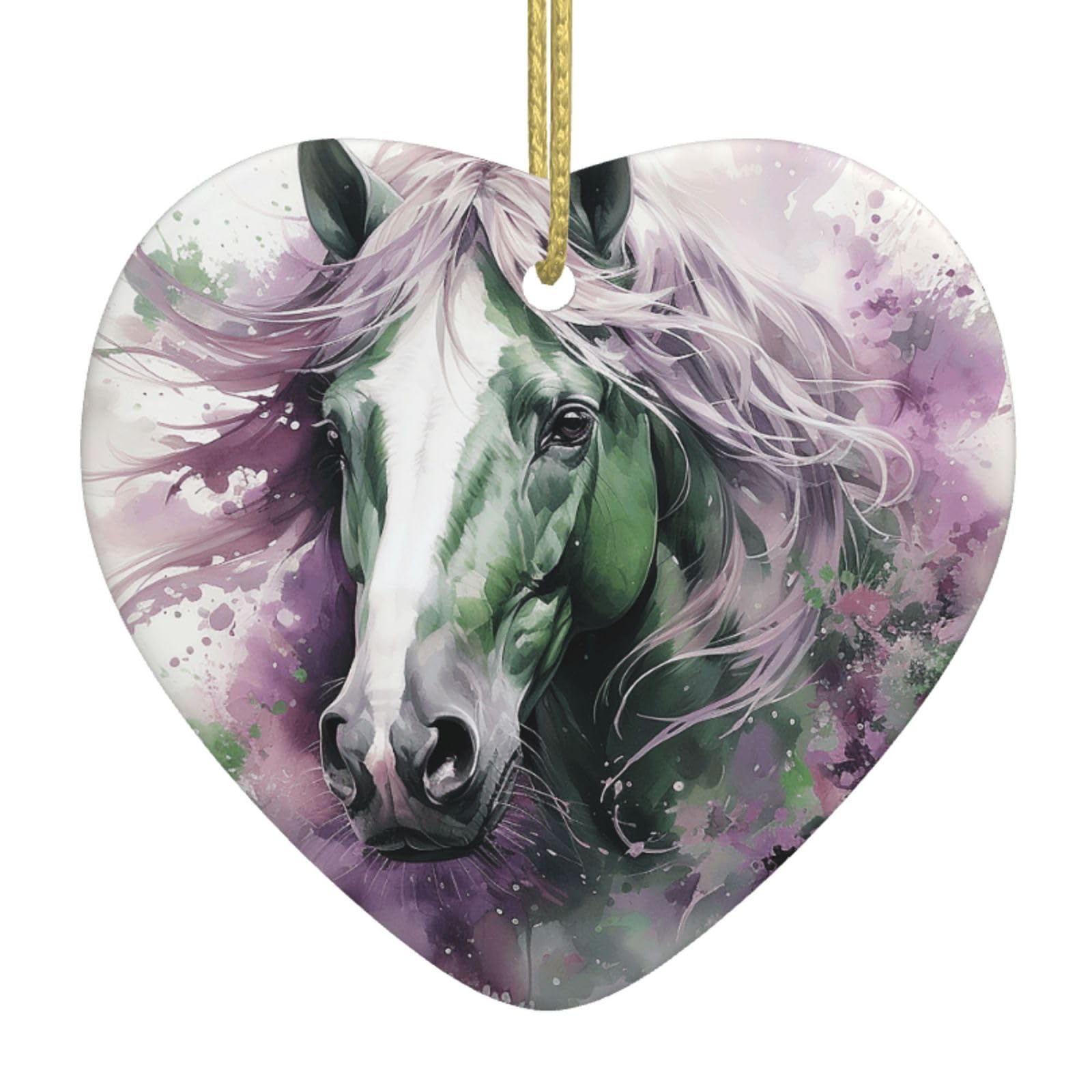 Green Horse Christmas Ornament 2025 Heart Ceramic Hanging Ornaments for Home Decor Christmas Decorations with Gold Rope Double-Sided Xmas Tree Ceramic Hanging for Holiday Party