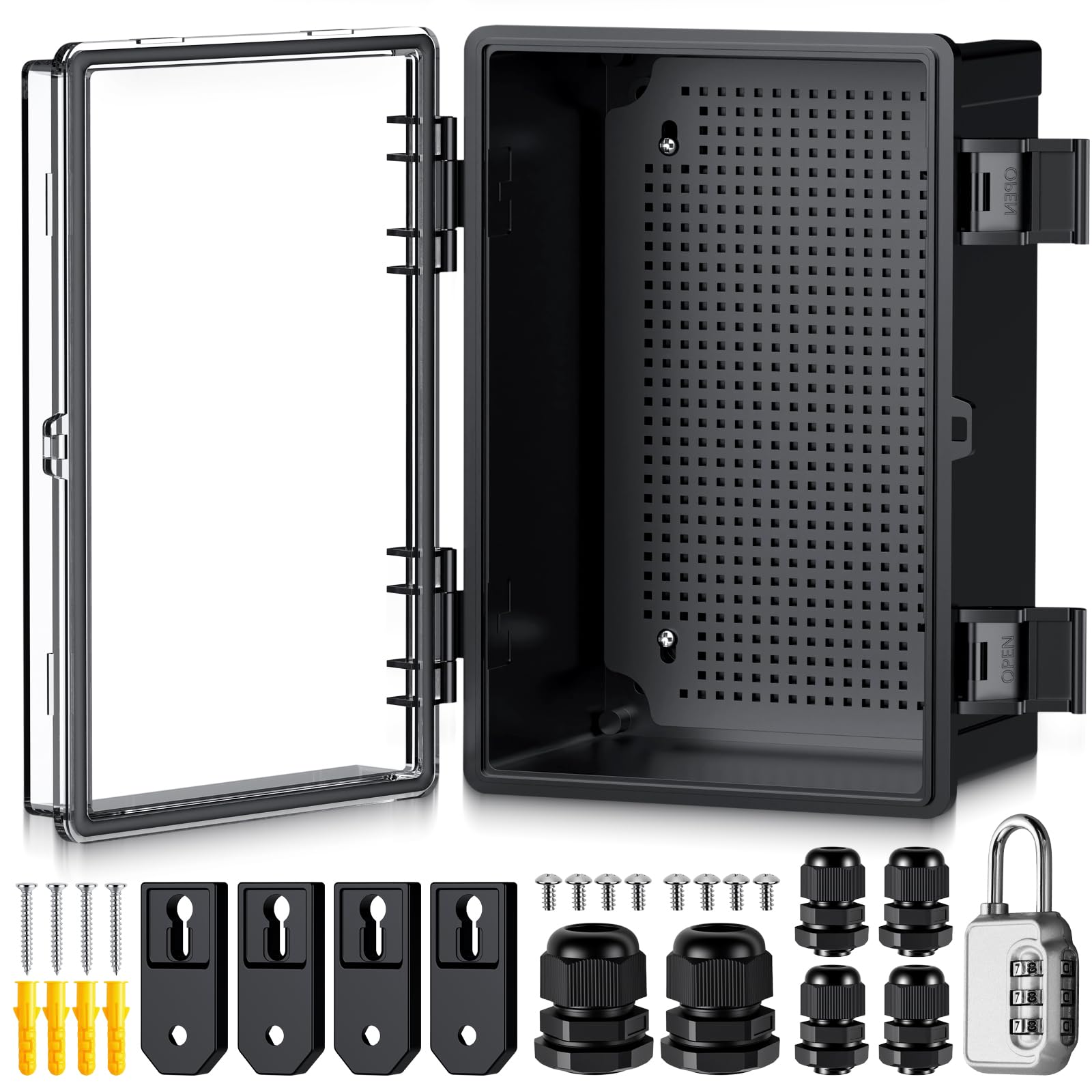 EYPINS Waterproof Junction Box IP67, Junction Box Waterproof ABS Plastic Housing Exterior Socket Box Switch Box Power Box with Mounting Accessories 30 x 20 x 16 cm Black Control Cabinet/Viewing Door
