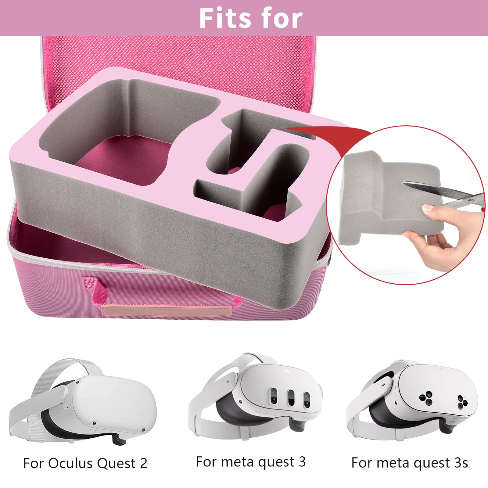Boobowl Custodia rigida da trasporto per cuffie da gioco Meta Quest 3/Quest 3S All-in-One VR e controller touch, borsa da viaggio con copertura in silicone, protezione per lenti e accessori (rosa +
