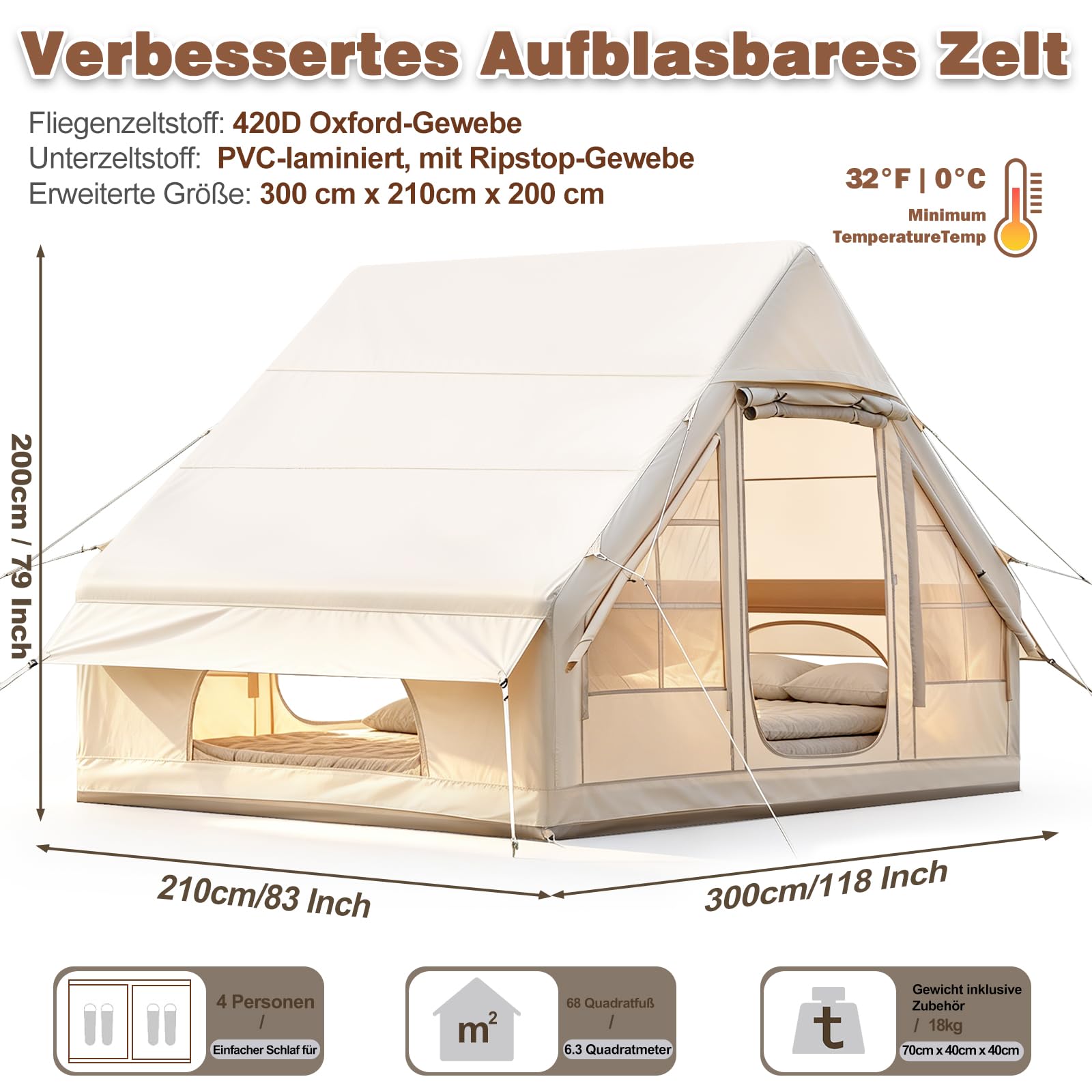 Aufblasbares Campingzelt mit Kaminöffnung & Dachfenster, Aufblasbare Zelt für 2-10per mit Luftpumpe, Zelt Aufblasbar aus Wasserdichtem Oxford-Stoff für Jahreszeiten, Schneller Aufbau Luftzelte