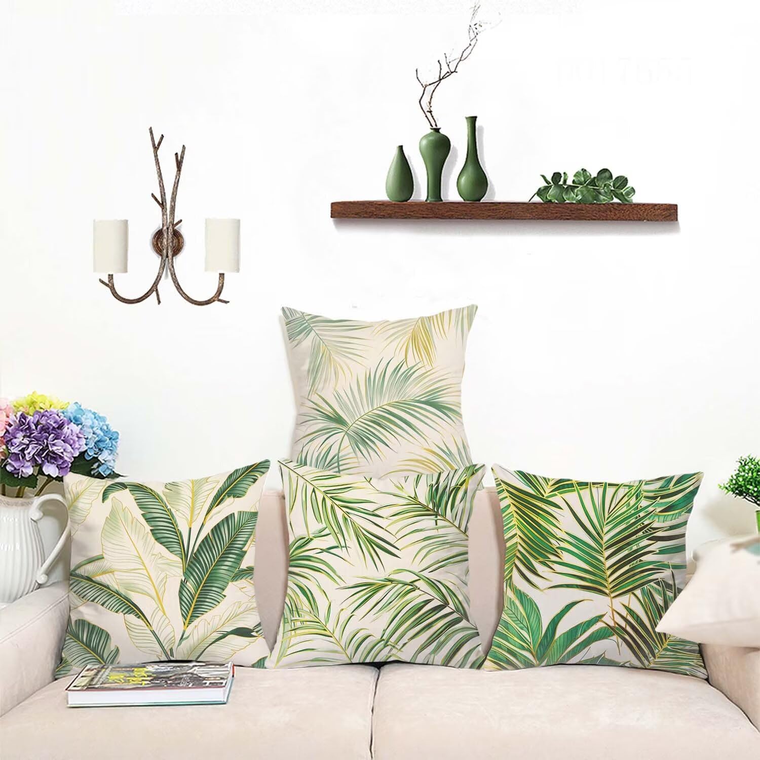Fundas Cojines SuavesVerde Fundas Cojines Cuadradas Suaves Funda Almohada Cojines Suaves Sillas Jardin para Oficina Cama Sofá Banco Interior o Exterior Juego de 4 Funda Cojin Hojas Tropicales mu-430