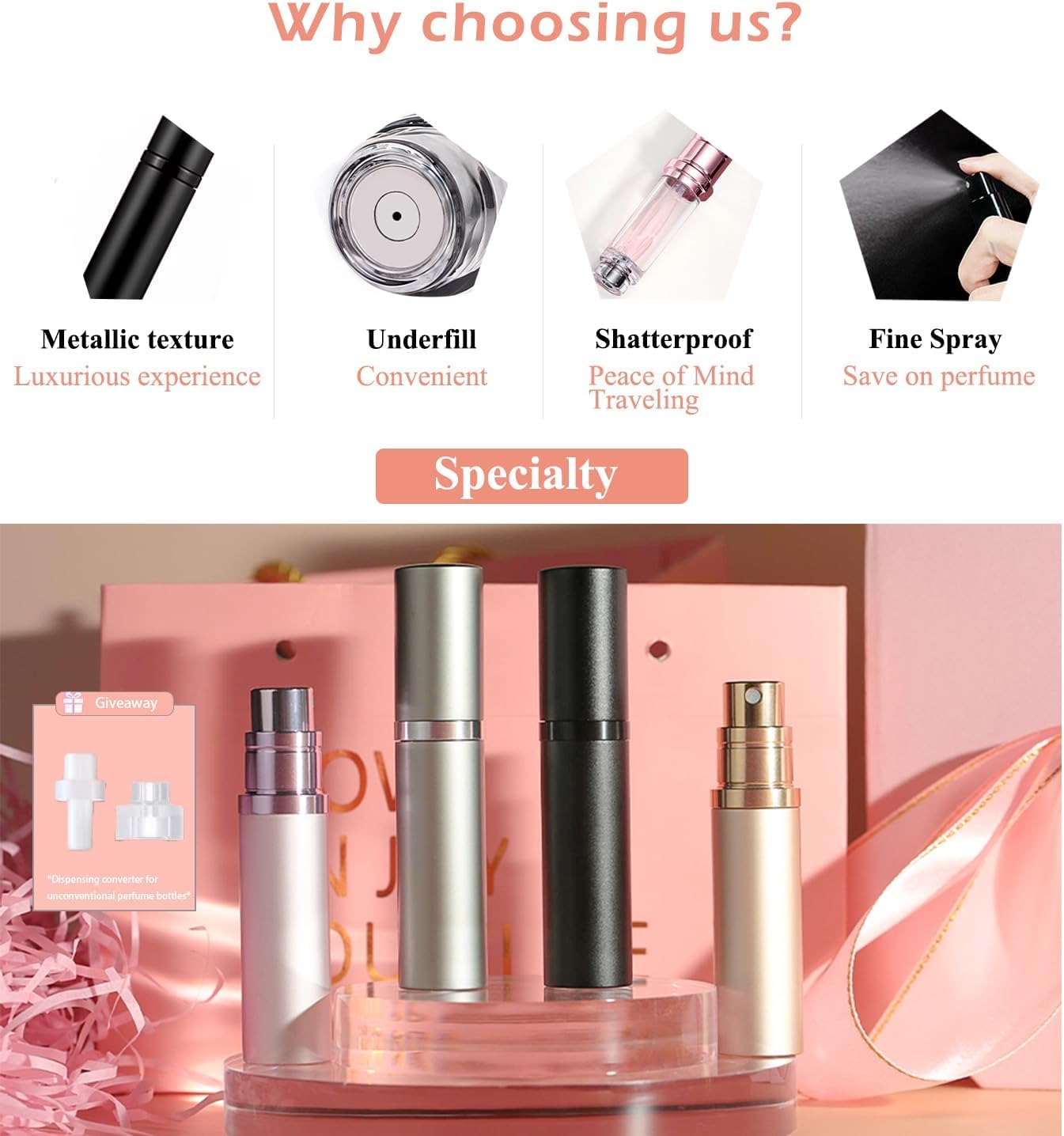 Perfume Refillable Bottle 5ml Bottom Refill Portable Purse Atomizer, Cologne Travel Perfume Spray Bottle for Outgoing and Traveling (Black + Pink 10ml)
