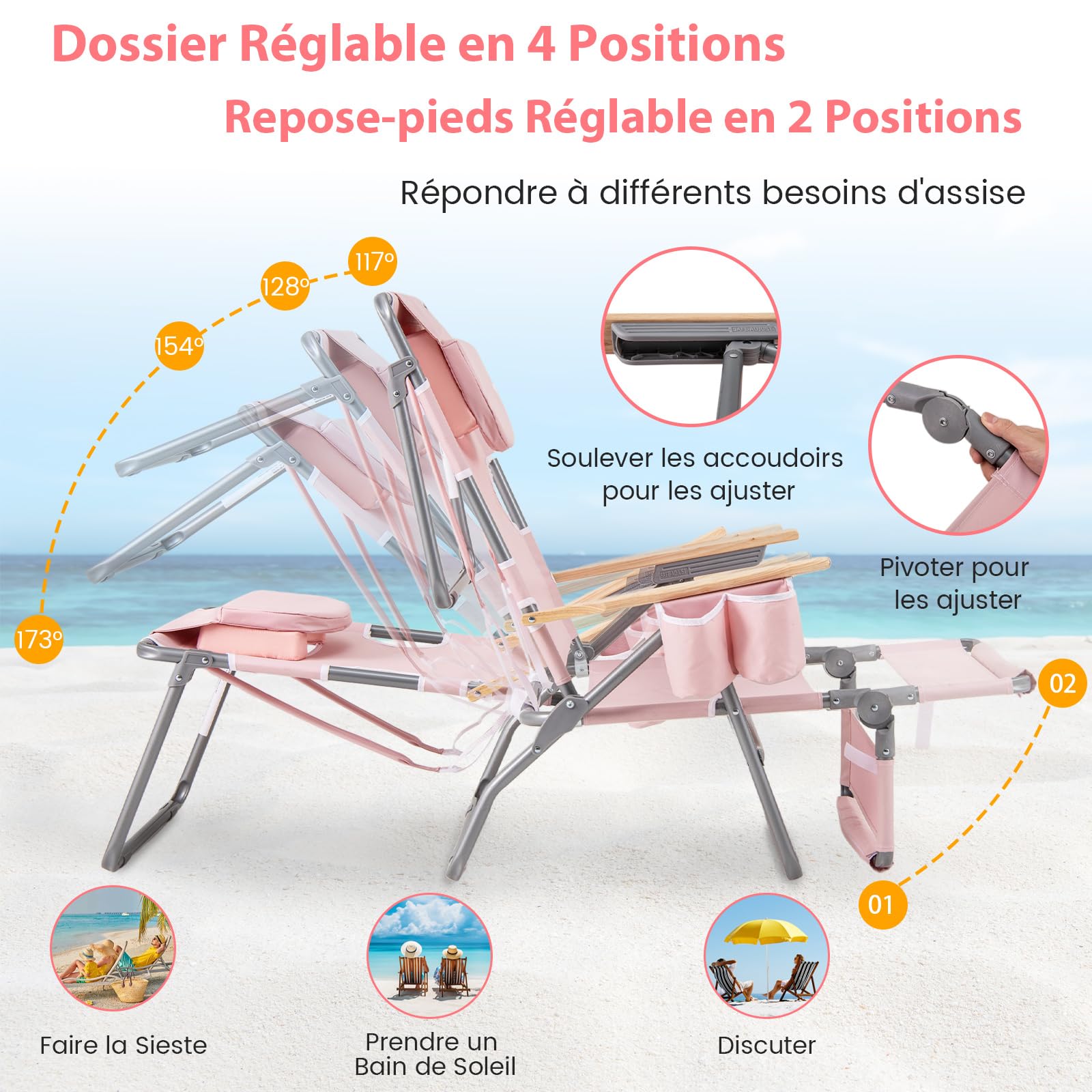 COSTWAY 3 en 1 Chaise Longue Pliante, Réglable en 4 Positions, Rose Pâle