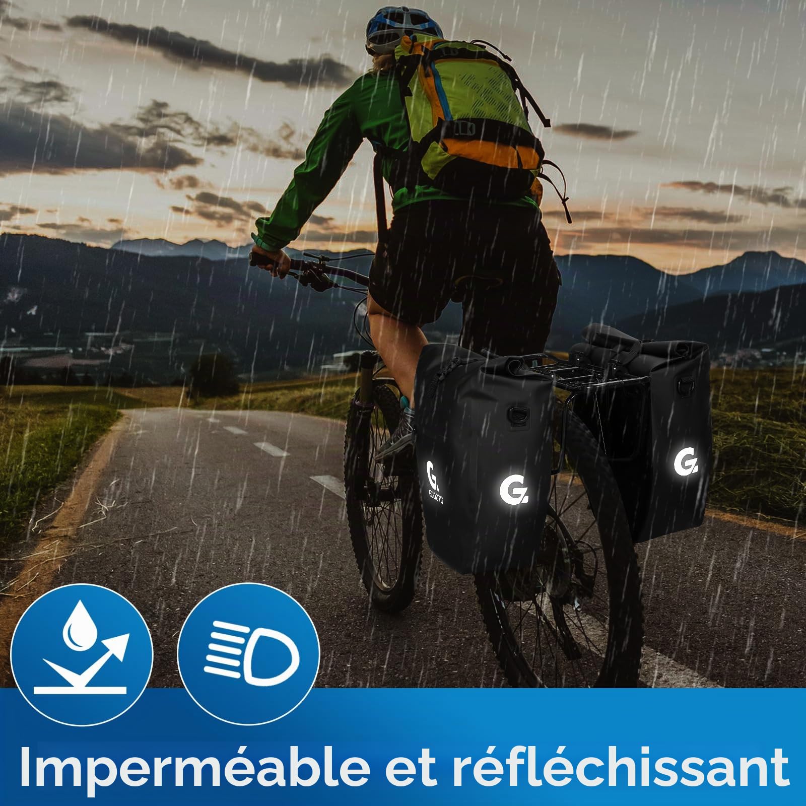 GUOOTU Lot de 2 sacoches de vélo 48 l en bâche pour porte-bagages arrière avec réflecteurs, poignée de transport et bandoulière (noir, 24 l, lot de 2)