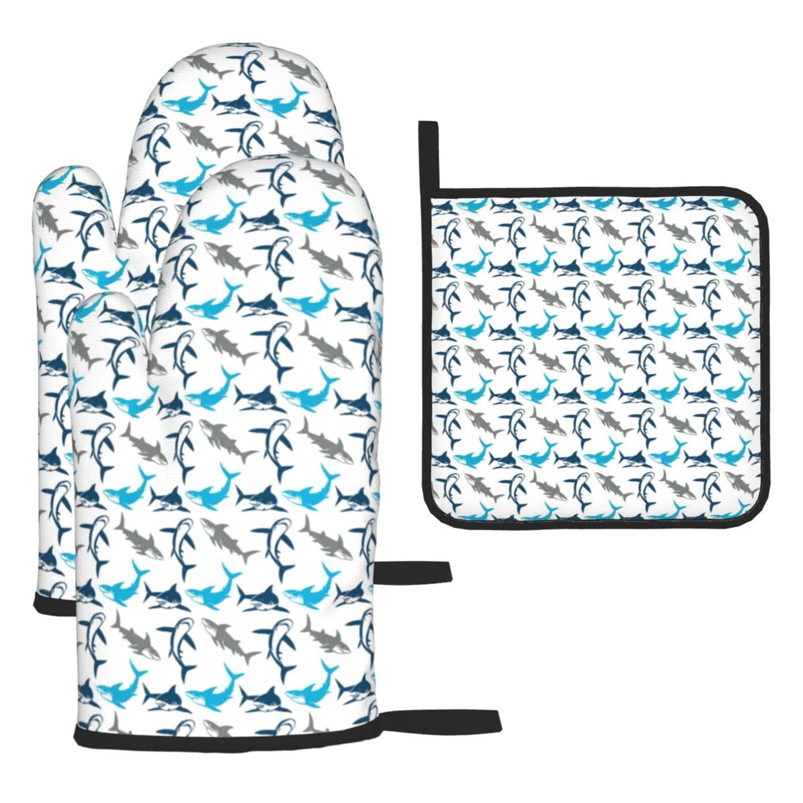Sharks Print Oven Set Kitchen Gloves Baking Grilling Microwaving Cooking Gift Everyday Holiday