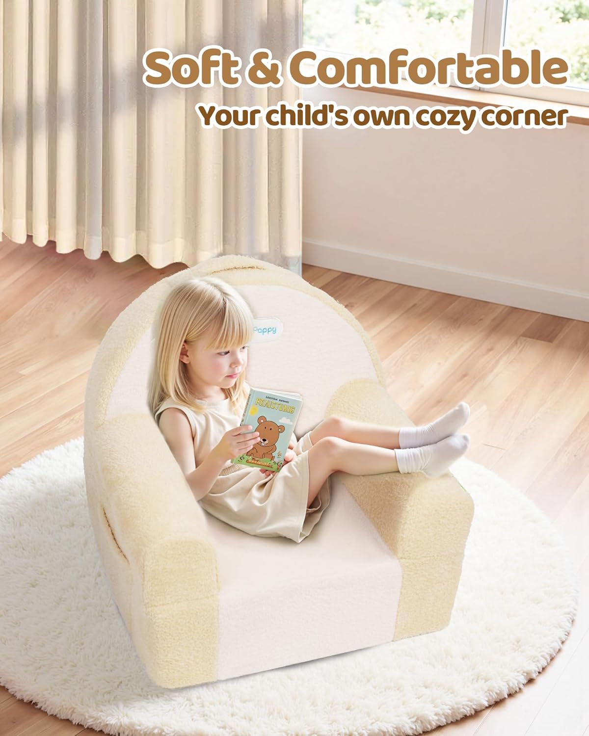 Toddler Chair, Comfy Foam Kids Couch with Soft Velvet Cover, Toddler Couch for Gaming and Studying, Kids Sofa That Fits Nicely with Any Modern Decor, Beige