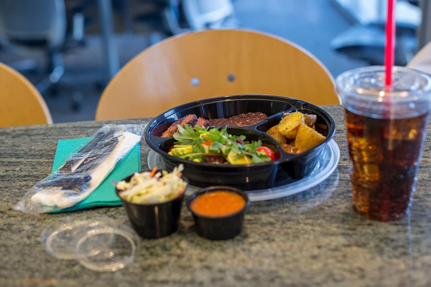 AmerCareRoyal 6-in-1 Disposable Silverware Heavy Weight Plastic Utensil Set with Teaspoon, Fork, Knife, Salt & Pepper Packets, 13x17 Napkin - Individually Wrapped Cutlery Meal Kit, Black, Case of 250