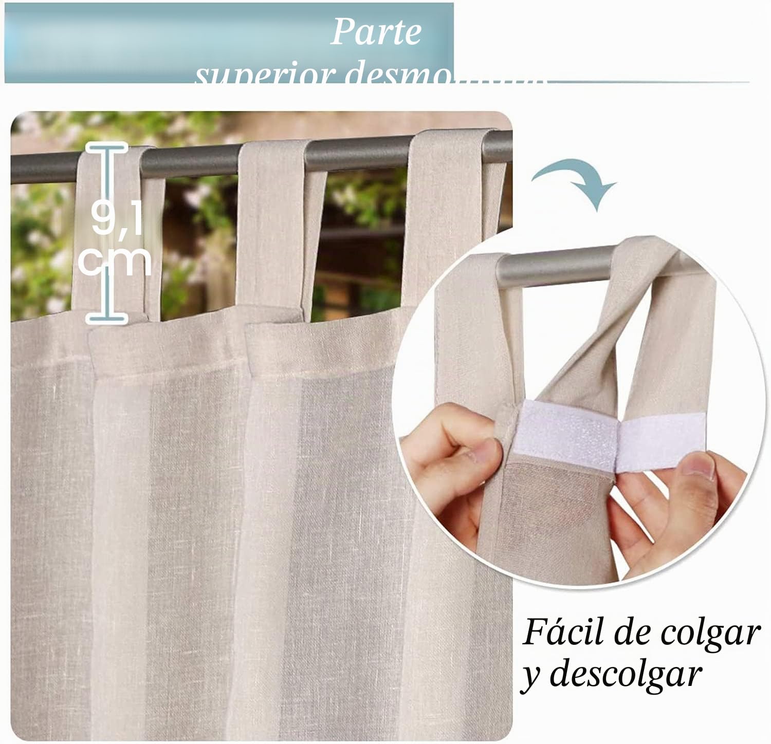 Cortinas De Exterior, Parte Superior Con Lengüeta Adhesiva Desmontable Para Colgar Y Desenganchar Fácilmente,impermeable Cubierta De Cortina Blanca Transparente, 2 Paneles (2x 132x240 cm,Natural)