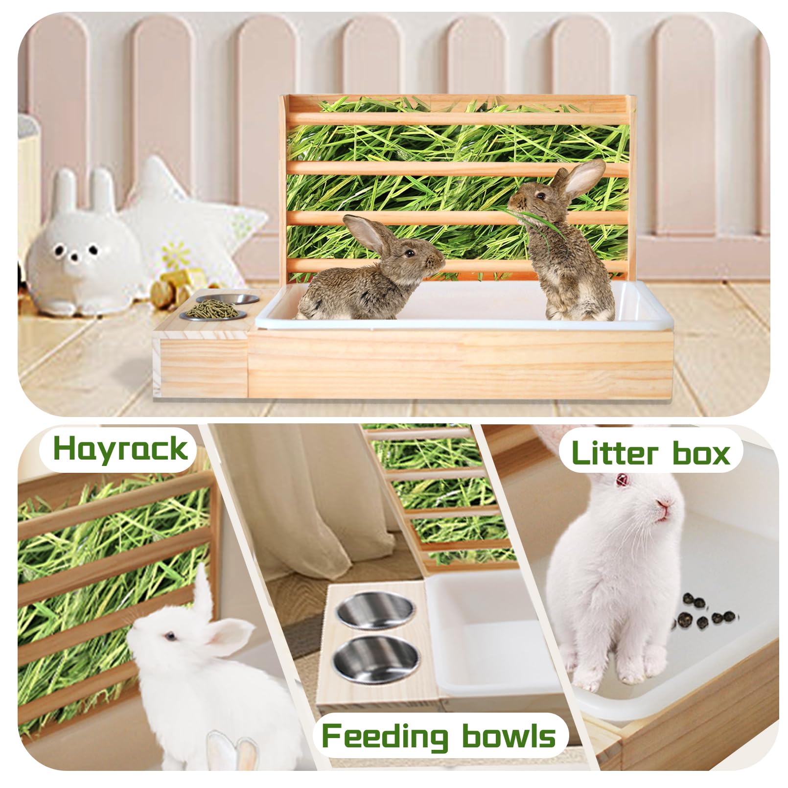 Mangiatoia per fieno 3 in 1 per conigli, con lettiera e ciotole, mangiatoia per fieno in legno con lettiera, in plastica, per piccoli animali domestici, per conigli, porcellini d'India, criceti