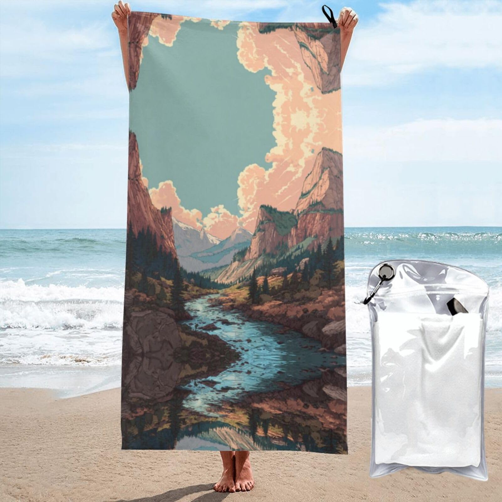 ESNAIUVCD Mountains And Rivers Print Beach Towel, Microfibre Sauna Towel, Quick-Drying Fitness Towel, Lightweight And Thin Portable Sauna Towel