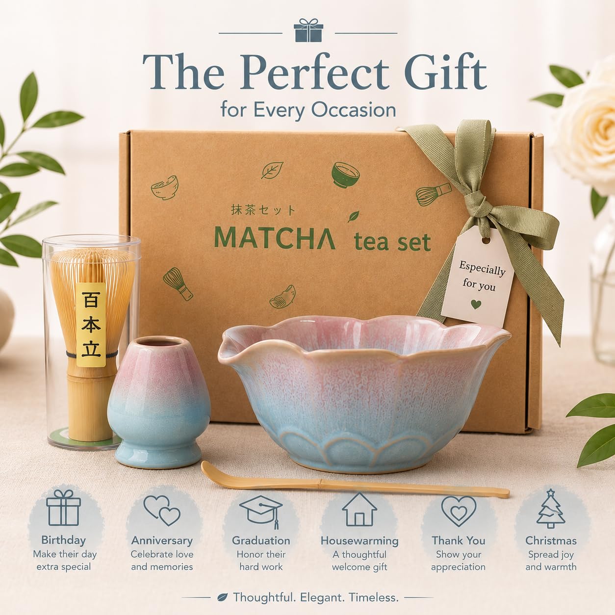 Lot de 5 bols à matcha avec bec verseur en forme de fleur bleu rose Chasen, fouet en bambou, support de chasa, cuillère en bambou, passoire, service à thé matcha japonais