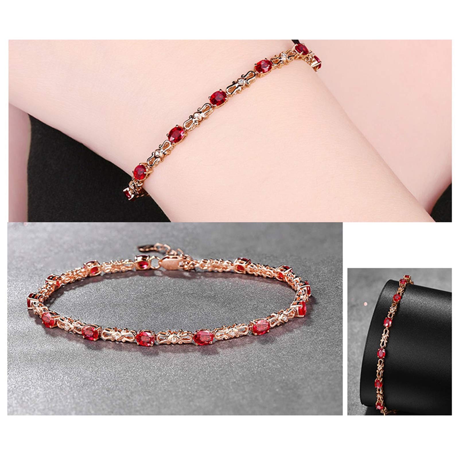 ZH1YFD Pulsera de Cadena de rubíes en Oro Rosa, eslabón de Barra con Pulseras de rubíes de 2,6 CT en Mujeres 17+2 CM