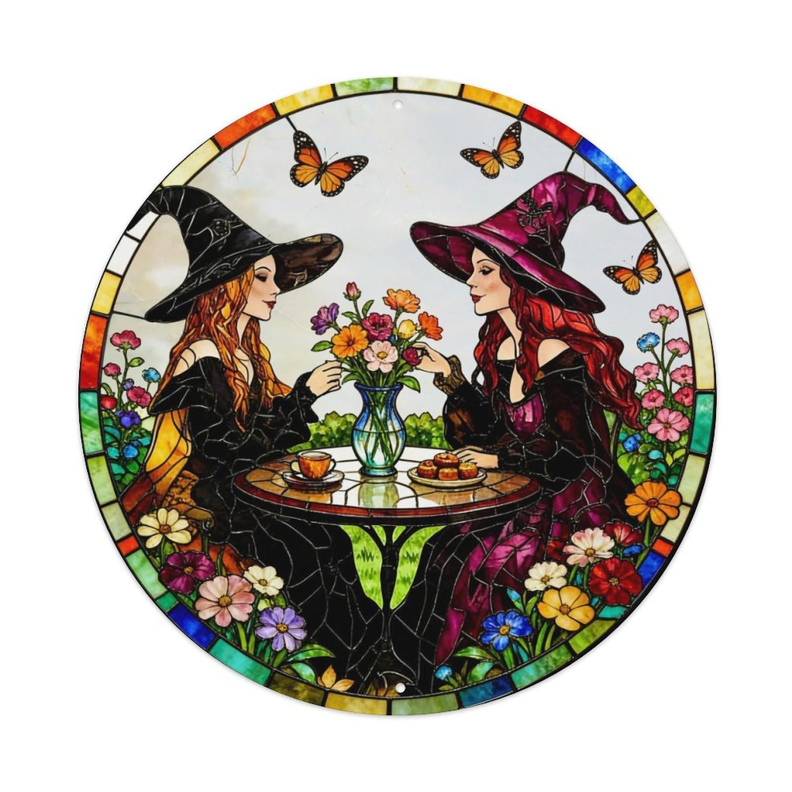 Witch Tea Garden Floral Stained Round Metal Tin Sign Vintage Wall Decor, Bar Garage Cafe Kitchen Home Wall Art Poster 8x8inches