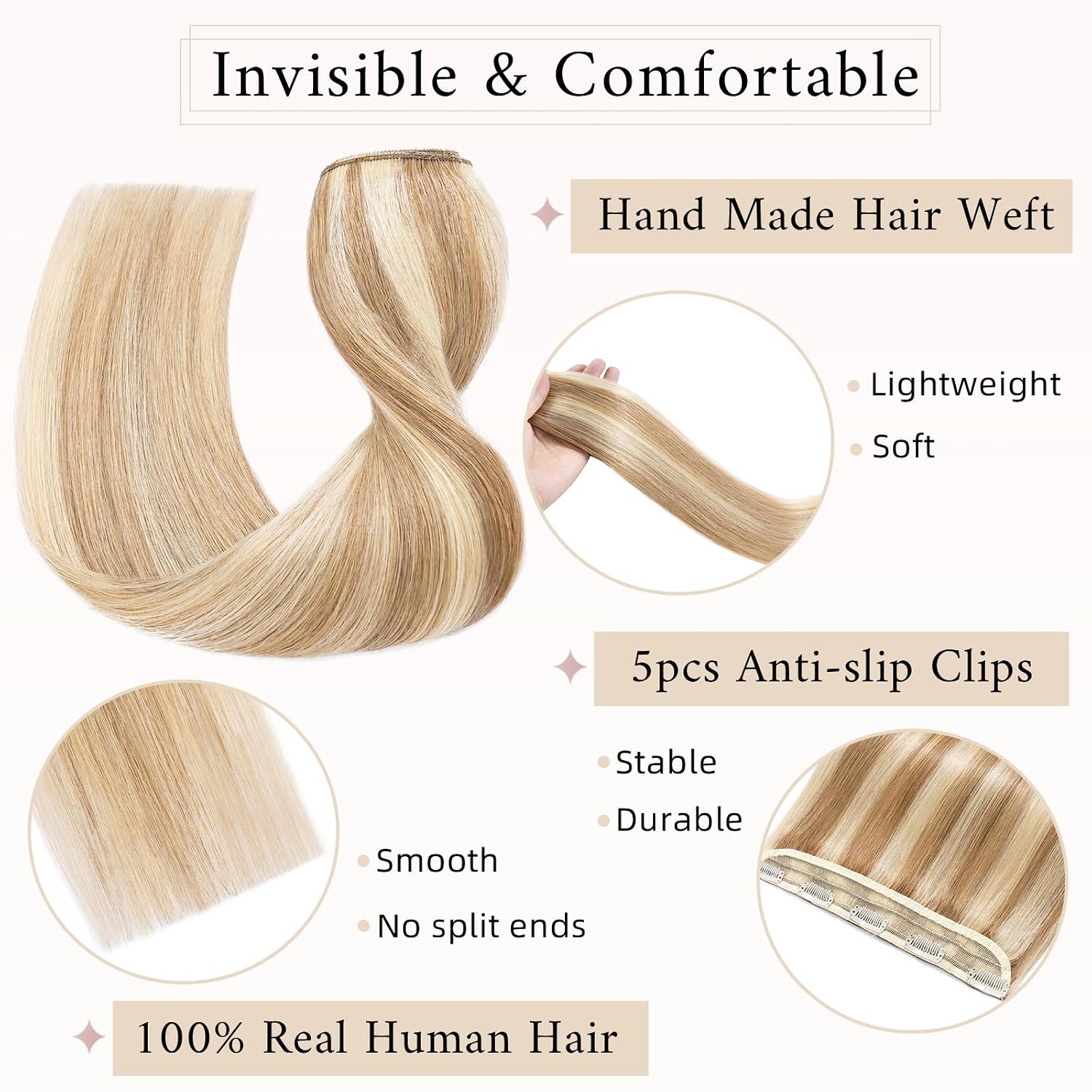 SEGO One Piece Clip in Extensions, 5 Clips Real Human Hair Extensions, Long Straight, 10 inches, #18P613 Ash Blonde Mix Bleach Blonde