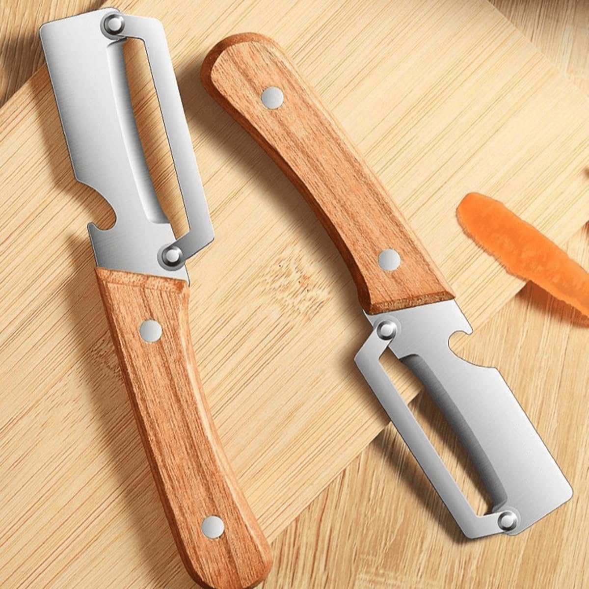 2 in 1 Multi-Function Vegetable Peeler with Ultra Sharp Stainless Steel Blade and Ergonomic Wooden Handle Effortlessly Peel Potatoes Apples Carrots and Opening (3PCS) - 5