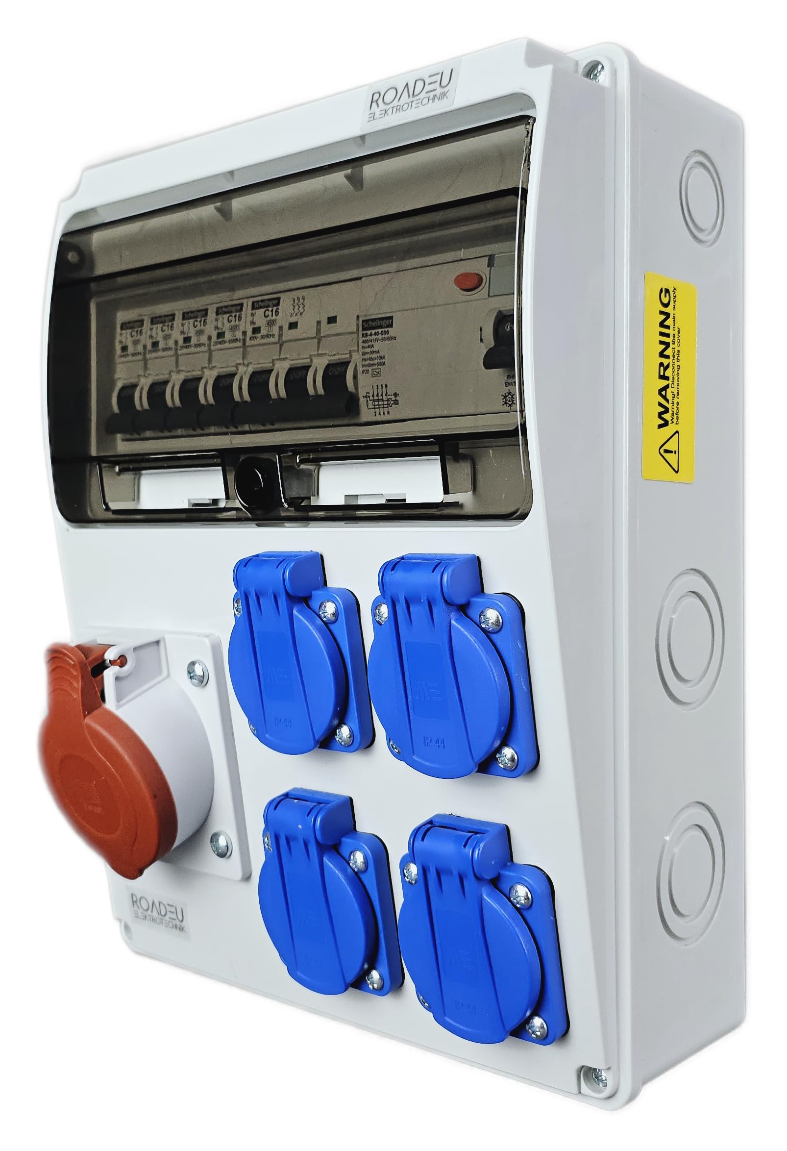 RoadEu Baustromverteiler Wandverteiler. CEE Steckdose 16A mit 4x Schuko 230V. Steckdosenverteiler mit FI Schalter und Leitungsschutzschalter. Komplett verdrahtet
