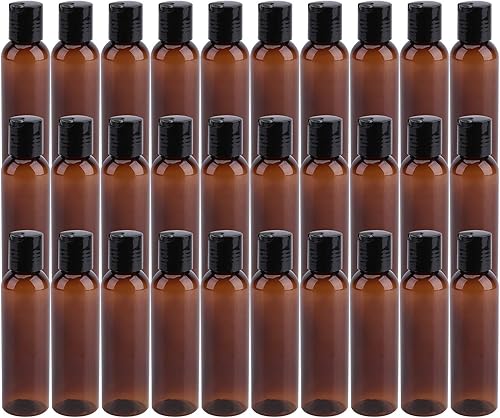 Bekith Paquete de 30 botellas de plástico de 4 onzas con tapa abatible con tapa abatible, ámbar vacío, sin BPA, para champú, lociones, jabón