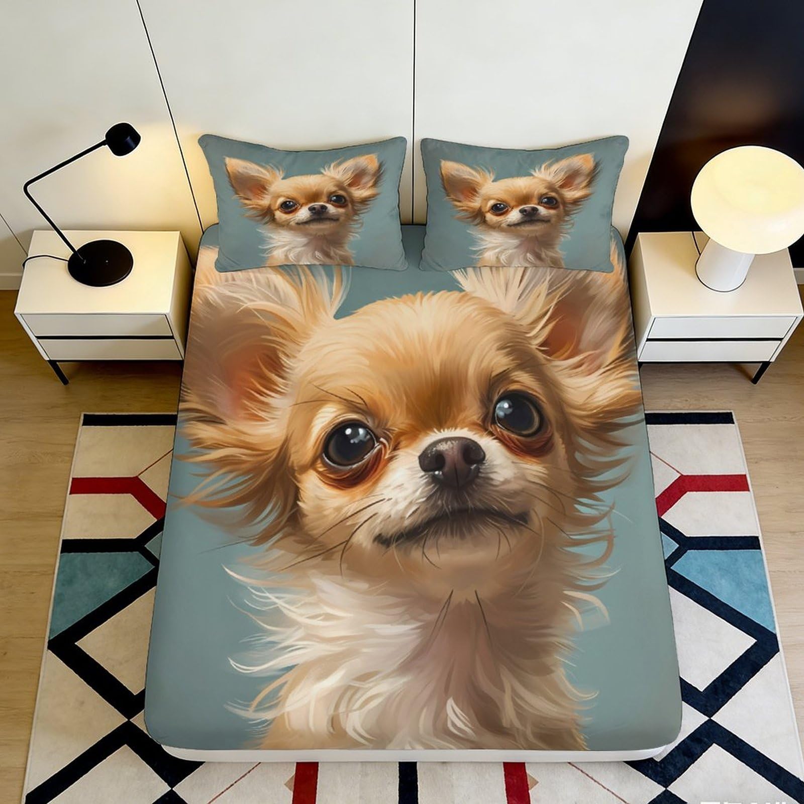 3D Printed Chihuahua Puppy Fitted Sheet Microfiber Soft Non-slip Dog Pattern Mattress Cover for Bedroom Decor 120x200cm 160x200x25cm