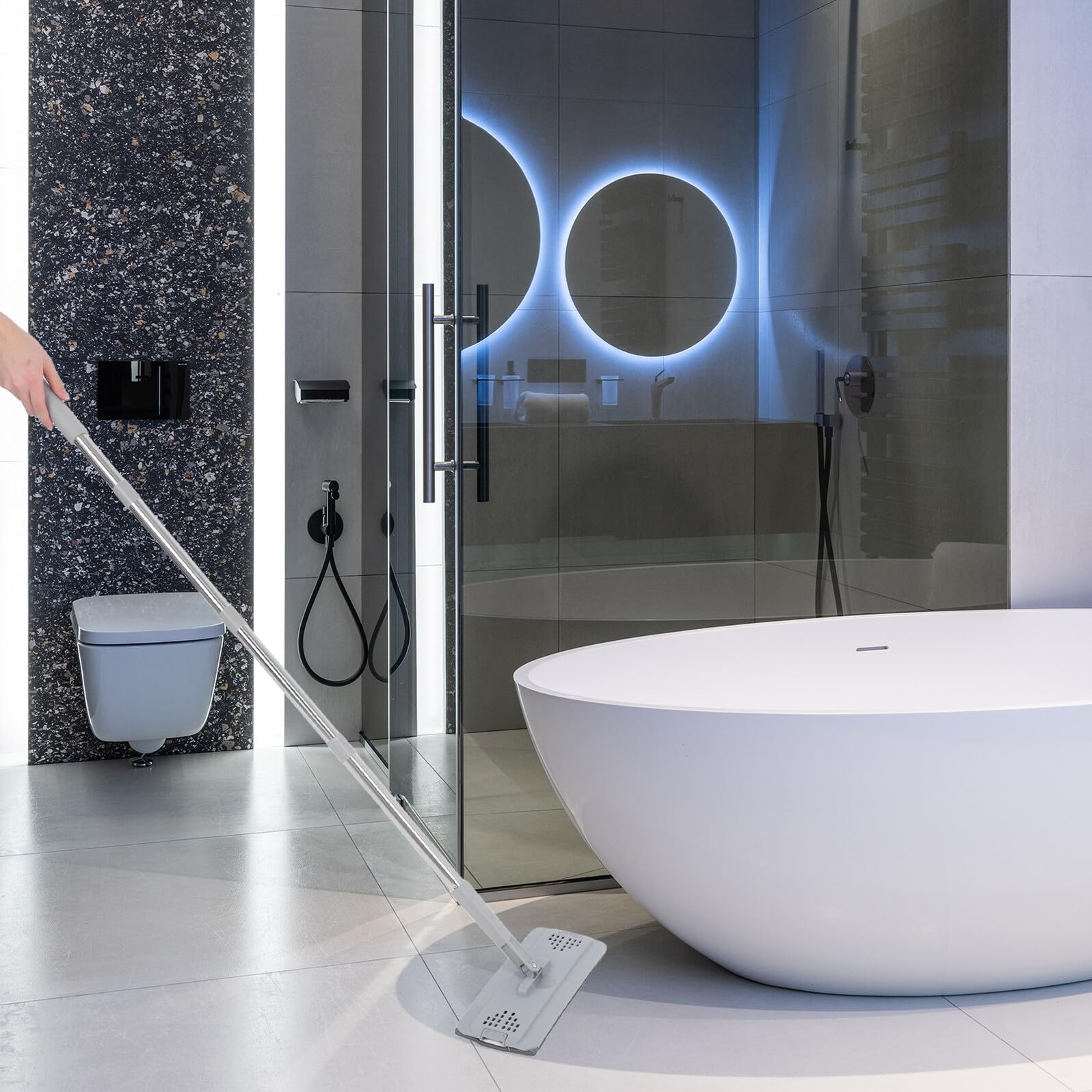 OUNONA Mopa y Cubo con Escurridor Diseño Práctico para Limpieza de Suelos Paredes y Ventanas Uso Seco y Húmedo con Almohadillas Lavables y Sistema de Rasqueta Integrada