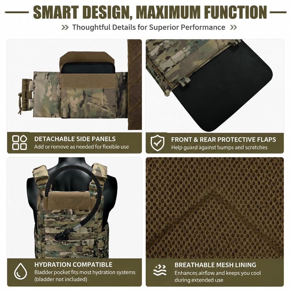 Chaleco MOLLE Ligero Ajustable,Chaleco Modular Bolsillos Desmontables Cierre Liberación Rápida Transpirable Airsoft Paintball Senderismo Actividades Aire Libre Cosplay