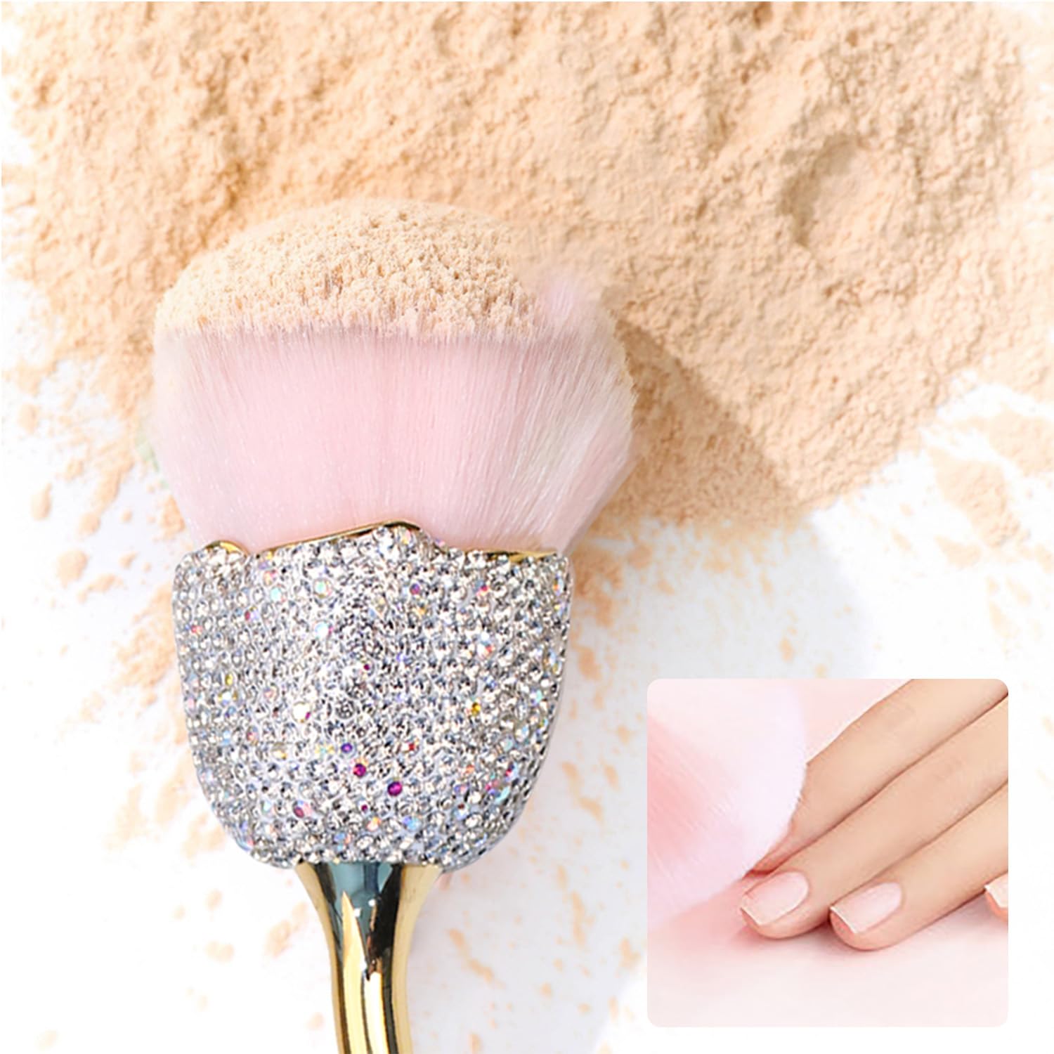 WOKOTO 1pcs Rose Nail Dust Brushes Embedded White Rhinestones For Acrylic Nails Powder Remover Brushes Trimming Cleaning Tools Loose Face Cosmetics Blending Foundation Powder Brush Make Up Brushes