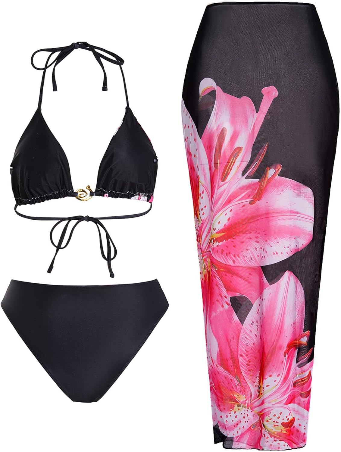 Verdusa 3 Piece Swimsuits for Women Floral Halter String Bikini Top Panty with Sheer Cover Up Skirt - Image 2