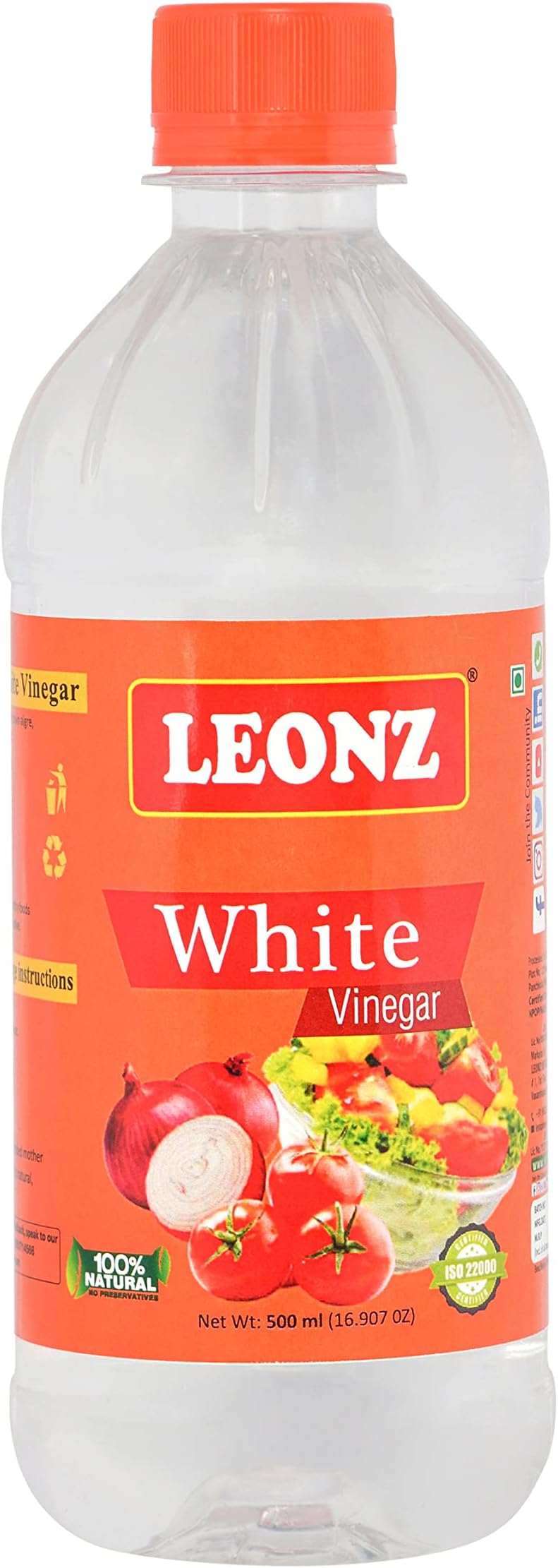 Leonz Distilled Natural White Cider Vinegar For Cooking and Salad Dressing-500 ml (Pack of 1)