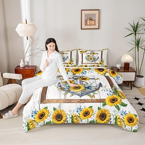 Juego de edredón náutico con ancla tamaño individual, juego de ropa de cama vintage con tablas de madera 2 piezas para niños, niñas, adultos,