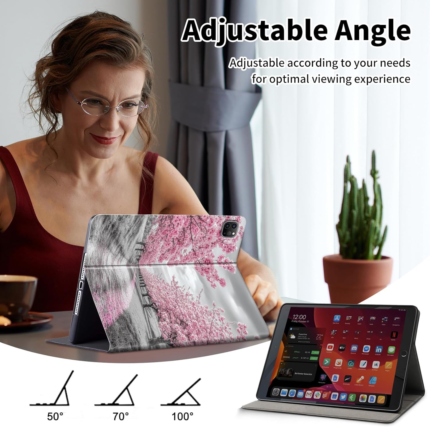 for iPad Air 13 Inch Case (M3/M2) 2025/2024,for iPad Pro 12.9 Case 6th/5th/4th Generation 2022/2021/2020,Slim Leather Multi-Angle Stand Folio Cover Auto Wake/Sleep,Cherry Blossom Black