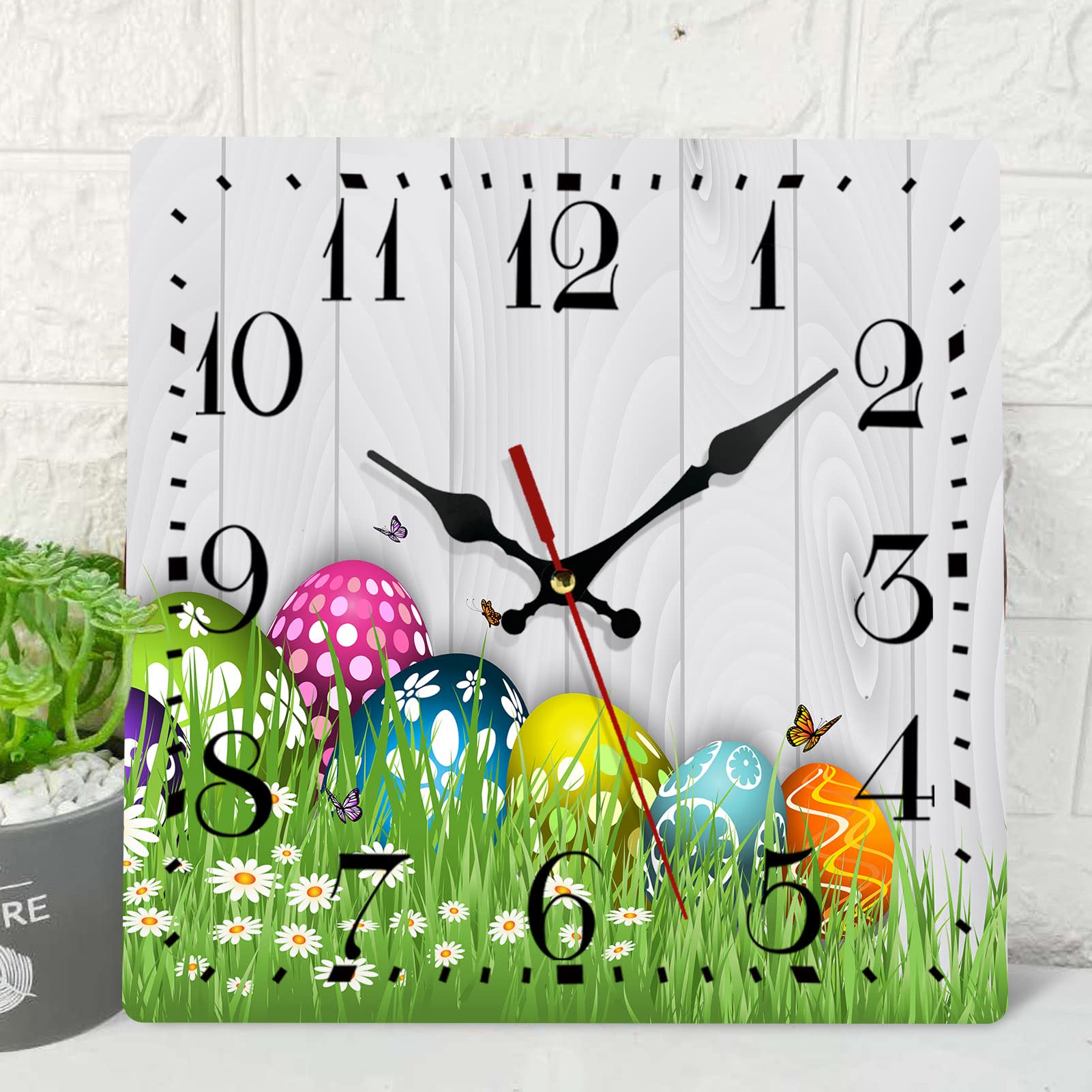Subwest Wooden Wall Clock Silent Non-Ticking ,Easter Eggs Grass Wooden Butterfly Wooden Square Rustic Coastal Wall Clocks Decor for Home Kitchen Living Room Office, Battery Operated(12 Inch)