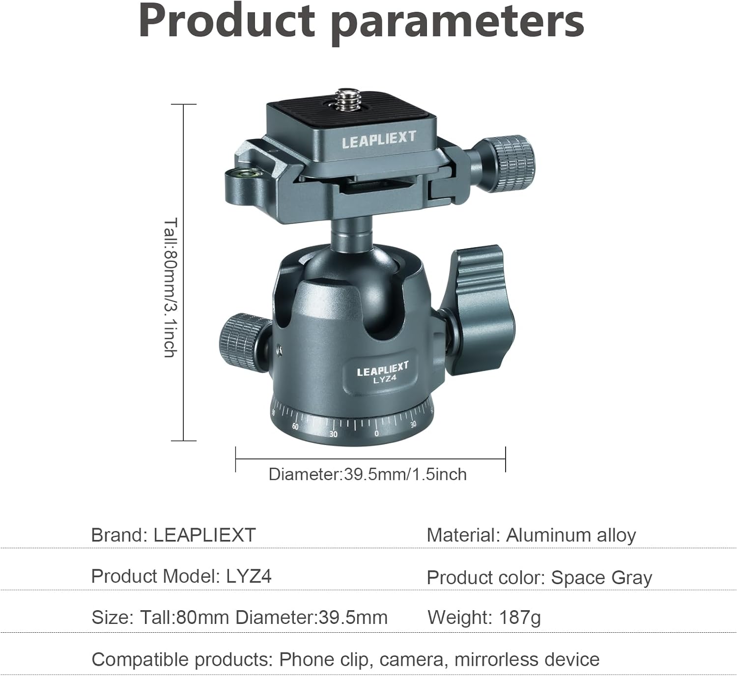 Metal Tripod Ball Head， 360 Degree Panoramic Rotation ，1/4-inch Arca Swiss Quick-Release Plate ，Plate Max Load 12KG/26LBS ，Compatible with Tripod ，Monopod， Phone iPad Holder。