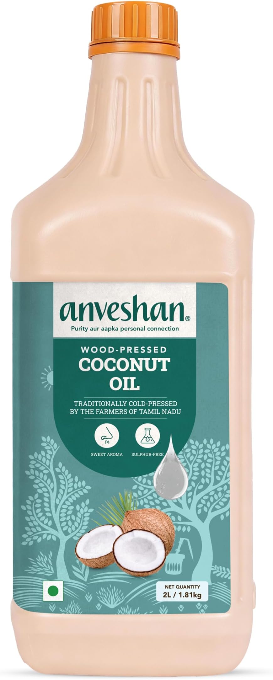 Anveshan Wood Pressed Coconut Oil 2L | Plastic Can | Kolhu/Kacchi Ghani/Chekku | Natural | Chemical-Free | Coconut Oil for baby massage