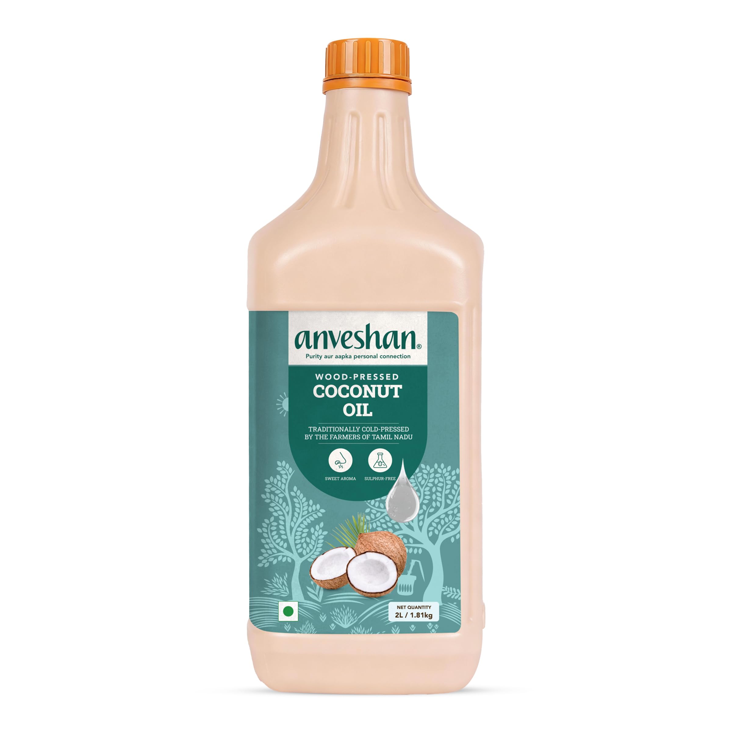 Anveshan Wood Pressed Coconut Oil 2L | Plastic Can | Kolhu/Kacchi Ghani/Chekku | Natural | Chemical-Free | Coconut Oil for baby massage