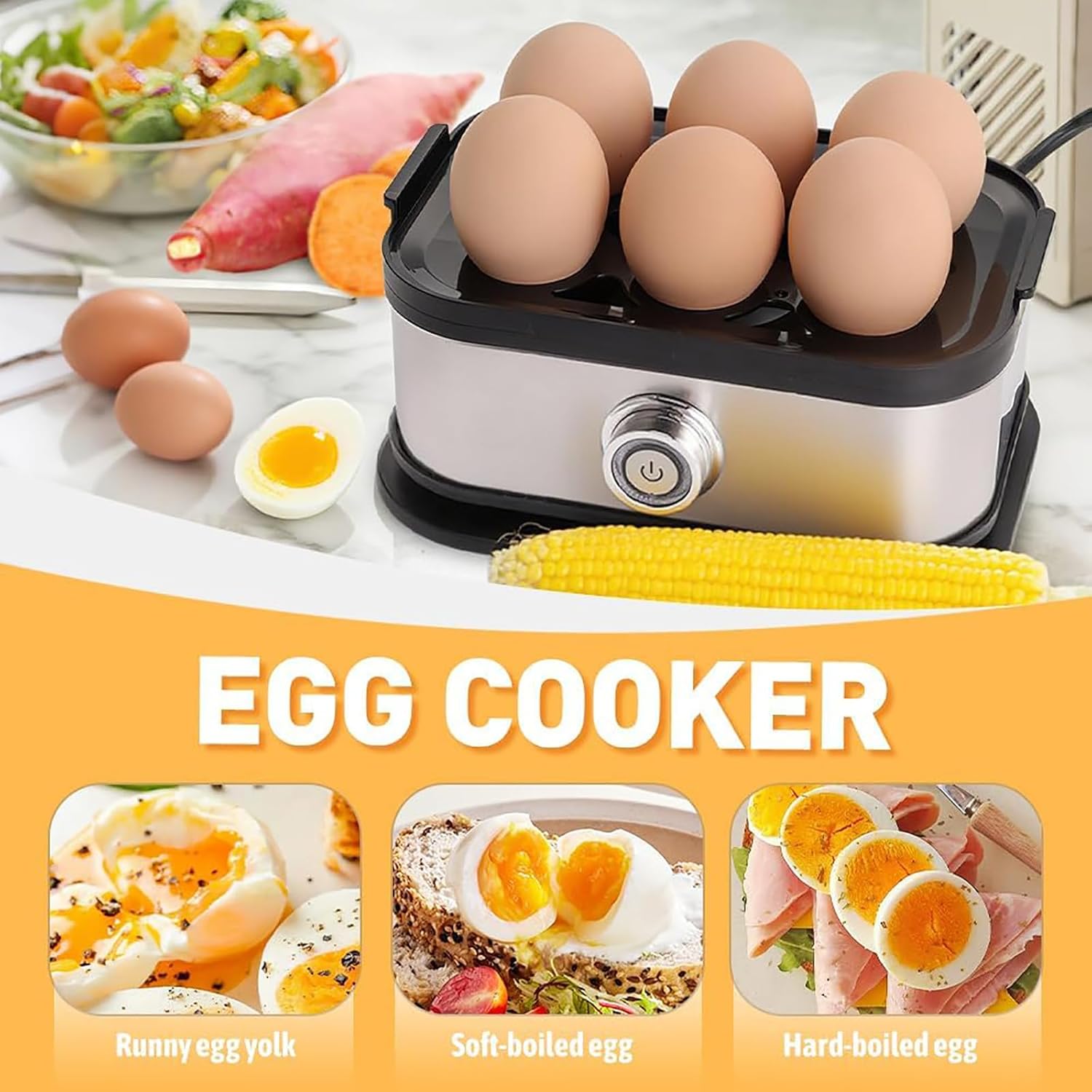 Smart Egg Cooker with Auto Shut, Stainless Steel Egg Cooker - Cooking for Hard, Medium, Soft Boiled and Poached Eggs - with Silicone Insulation Clip, 6 Egg Capacity, Knob Control