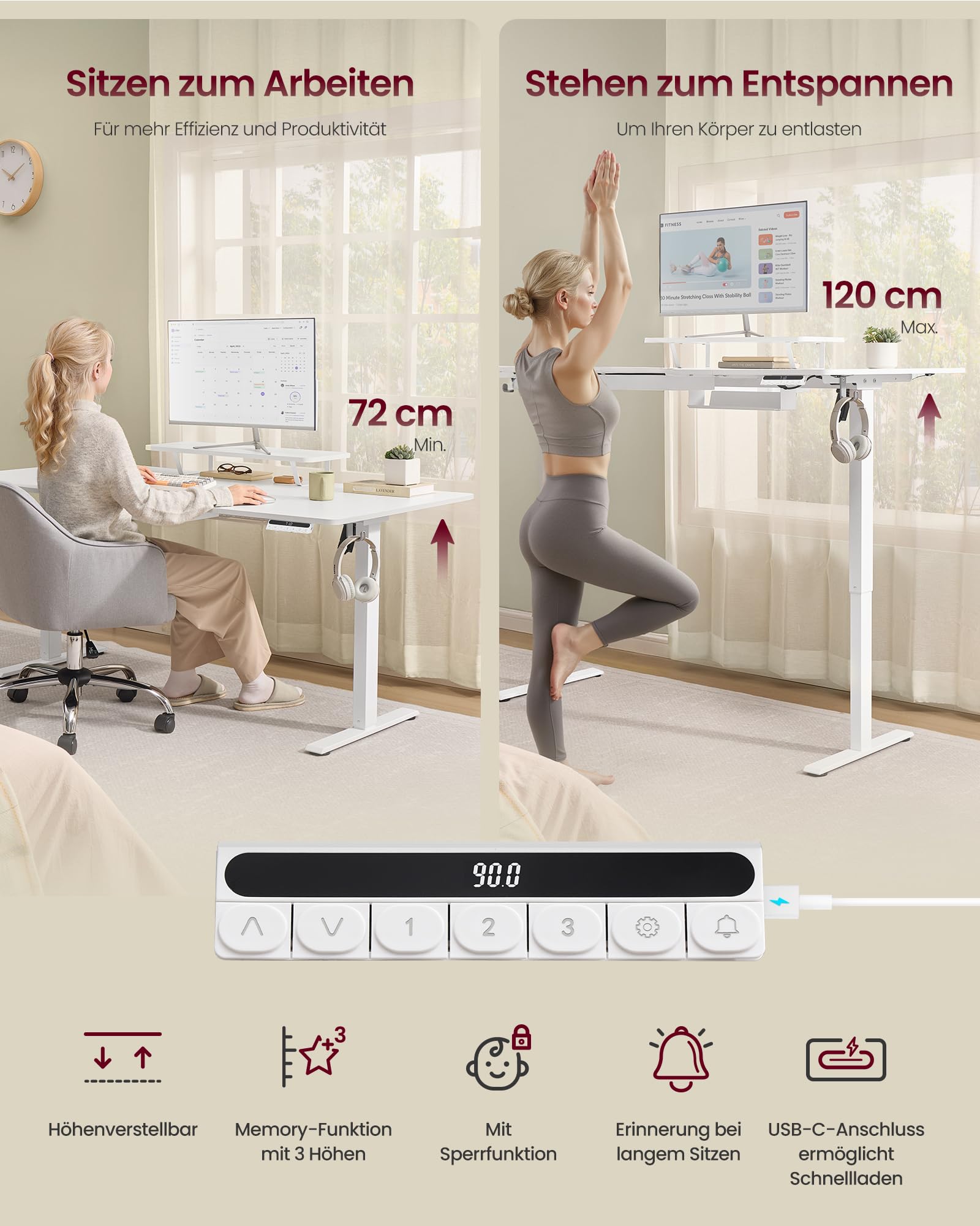 VASAGLE Höhenverstellbarer Schreibtisch, 140 x 70 cm, flexibel montierbarer Monitorständer, Schublade, USB-C-Anschluss, Erinnerung bei langem Sitzen, für Büro, wolkenweiß LSD154WB01