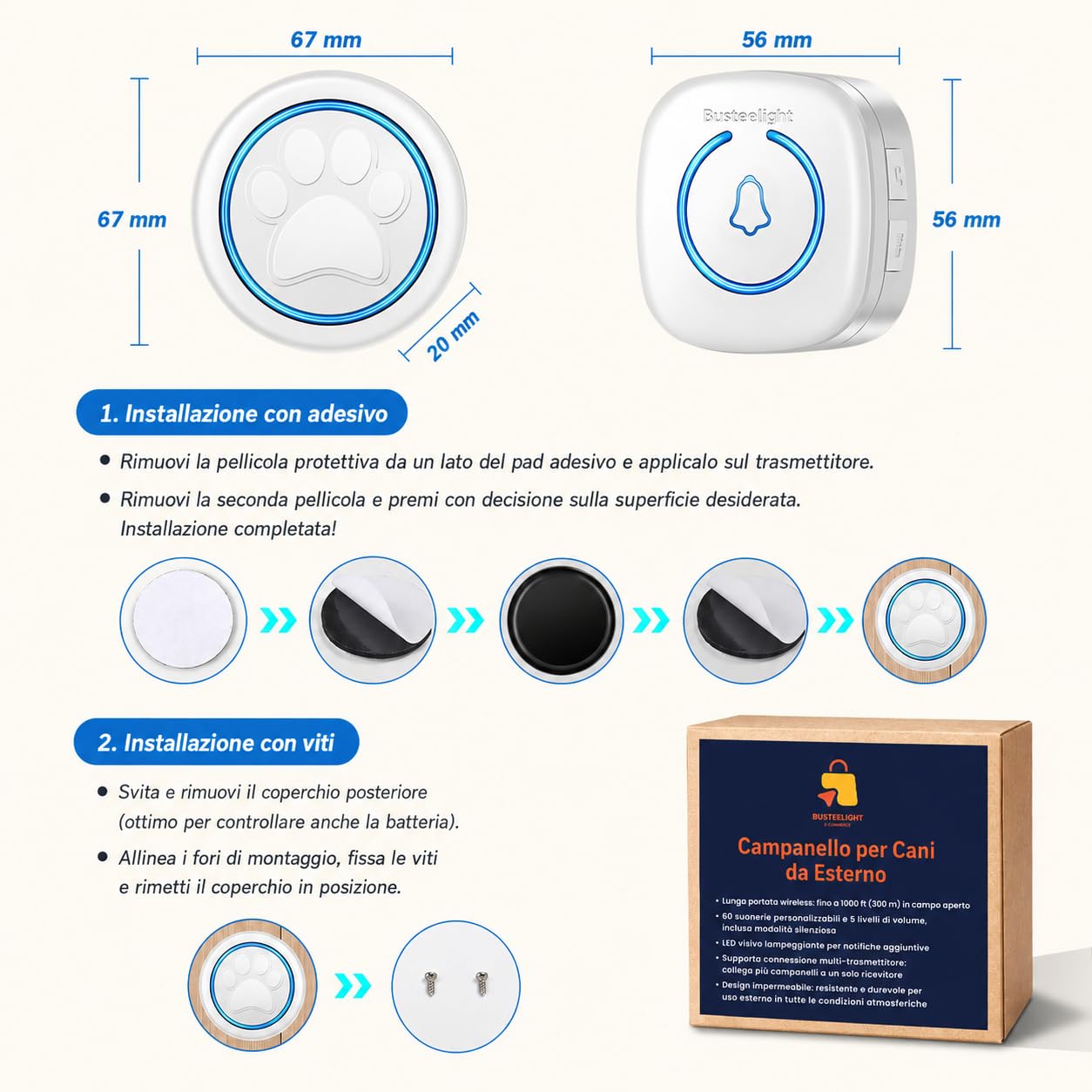 A6 Wt Campanello Intelligente per Cani Senza Fili 300 m – Pulsante per Cani Touch con LED, 60 Melodie, Impermeabile, Sistema di Comunicazione per Animali Domestici (1 campanello e 2 ricevitori)