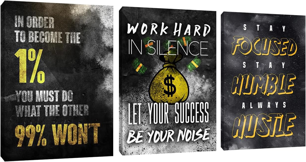 3 Piece Black Wall Art Modern Motivational Quotes Wall Art Canvas Art Inspiring Entrepreneur Hustle Poster Prints Wall Decor Office Wall Decorations Framed Posters for Office(36''Wx 16''H)
