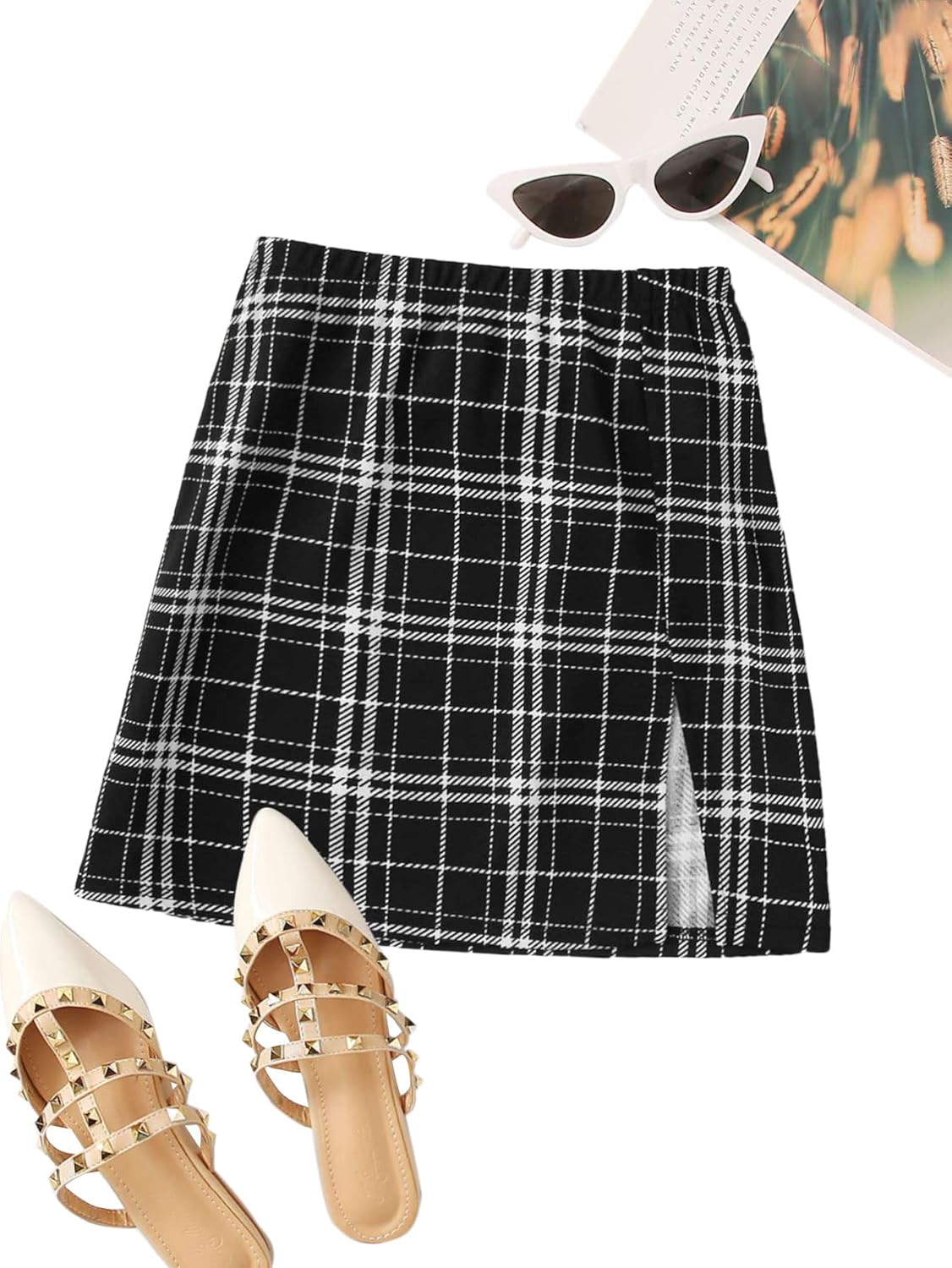 Floerns Women's Casual Split Hem High Waisted Mini Bodycon Plaid Skirt X-Small Black White