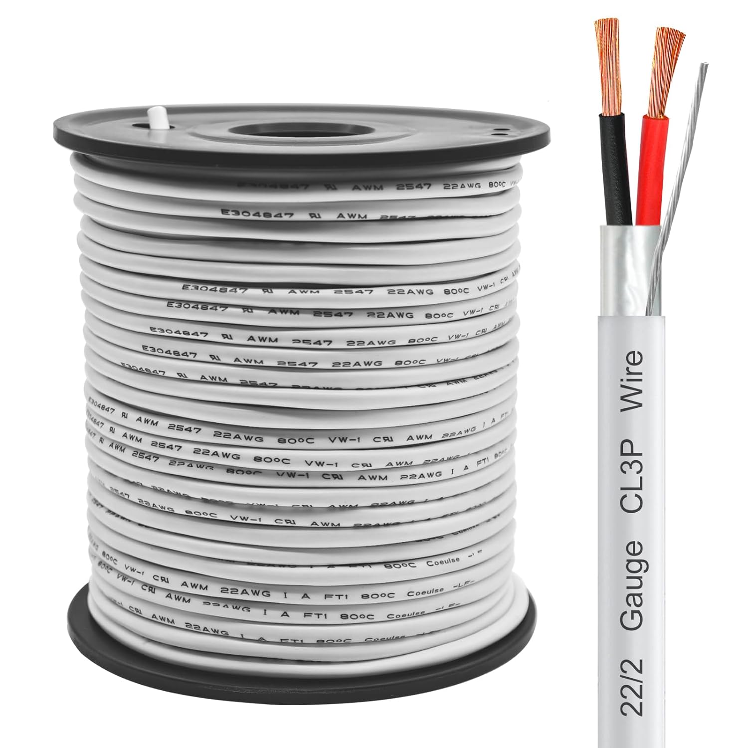 22/2 Shielded Wire 100FT CL3P Jacket Pure Copper Wire, Spool 22 Gauge 2 Conductor Stranded Plenum Cable for Security Alarm Access Control Sound