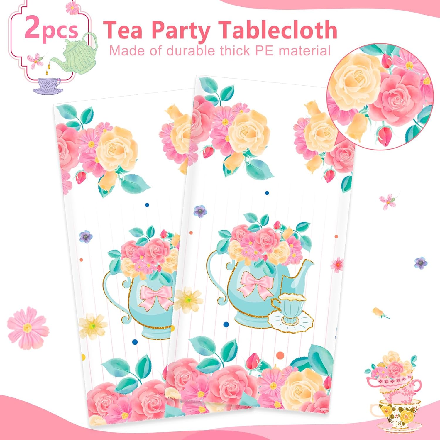 PHOGARY 2 Pieces Tea Party Floral Tablecloth for Party Decoration, Floral Plastic Rectangular Table Covers Flower Tablecloth for Dessert Time Girl Birthday Parties