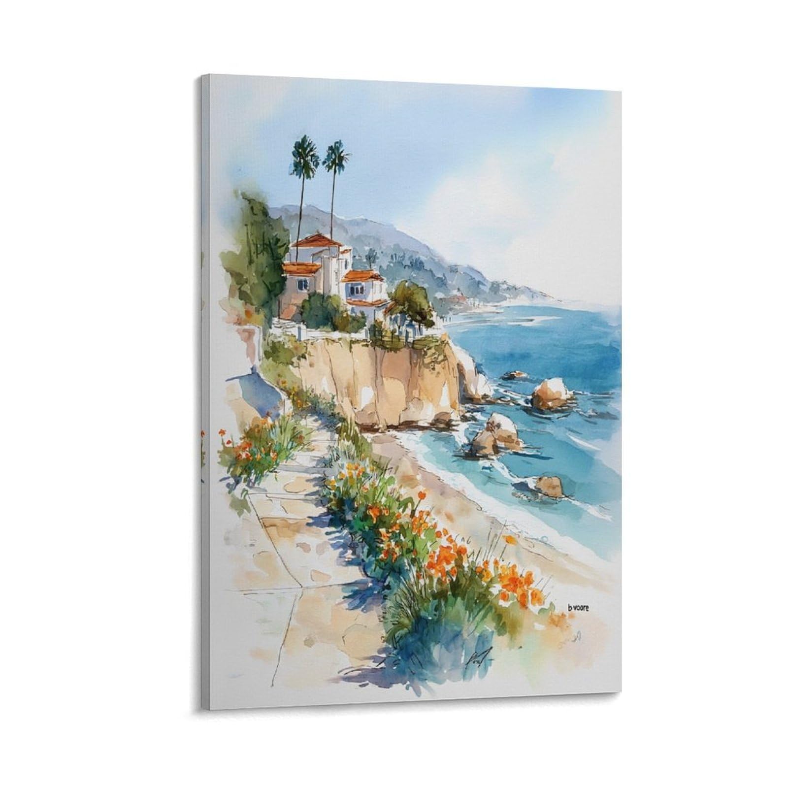 CNAHEIZ La Jolla Coast Watercolor 20x30inch(50x75cm) Vintage Travel Poster Watercolor Canvas Art