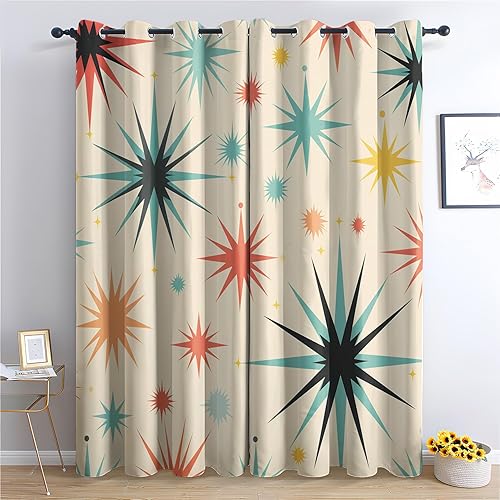 Cortinas atómicas para decoración de dormitorio, 72 pulgadas de largo, cortinas opacas con diseño de patrón abstracto retro de estrellas, cortinas