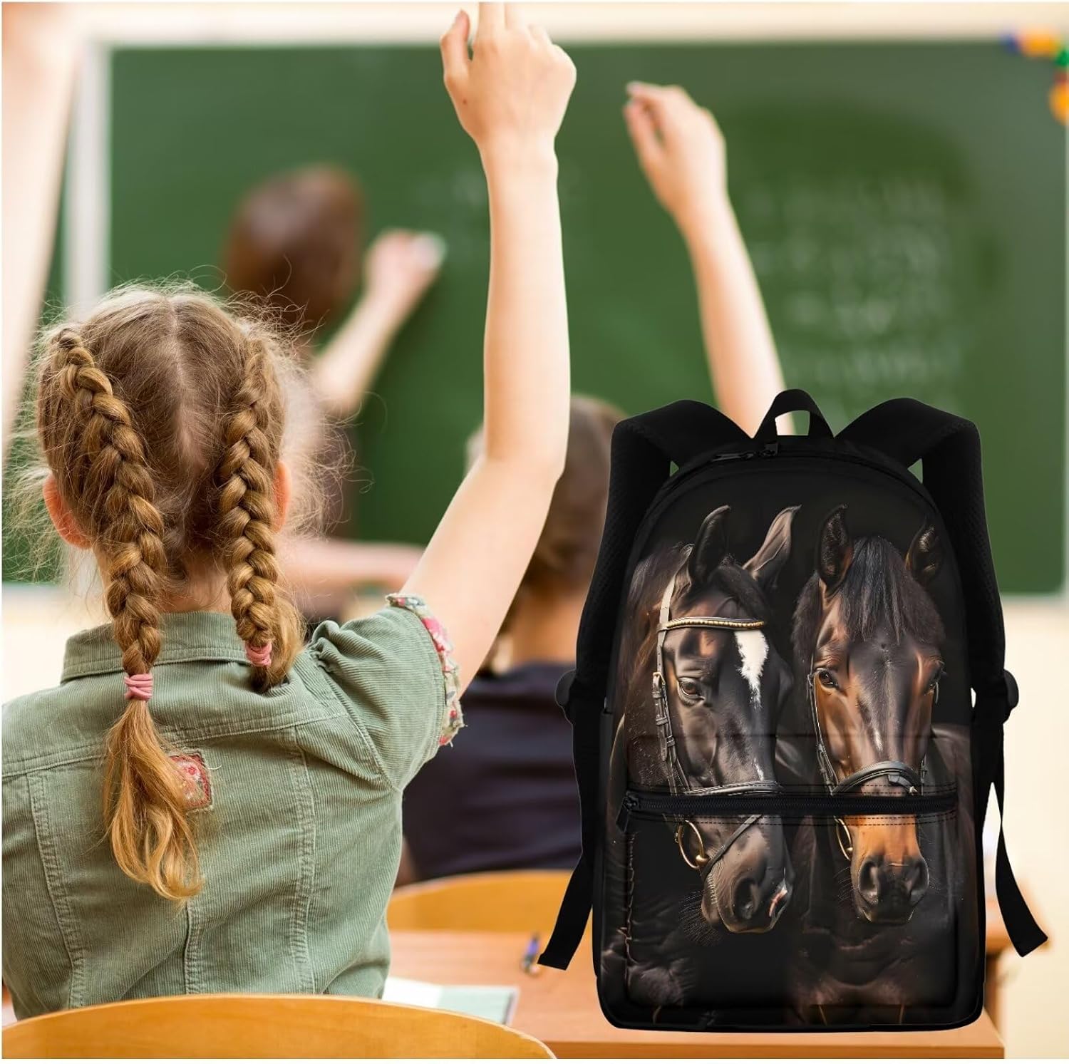 BIGCARJOB Brown Animal Horse Backpack Set for Boys Girls 8-10,Animal Horse School Book Bags Children Schoolbags Set with Lunch Box Pencil Holder Set 3 Pcs Kids Back to School Bags Set